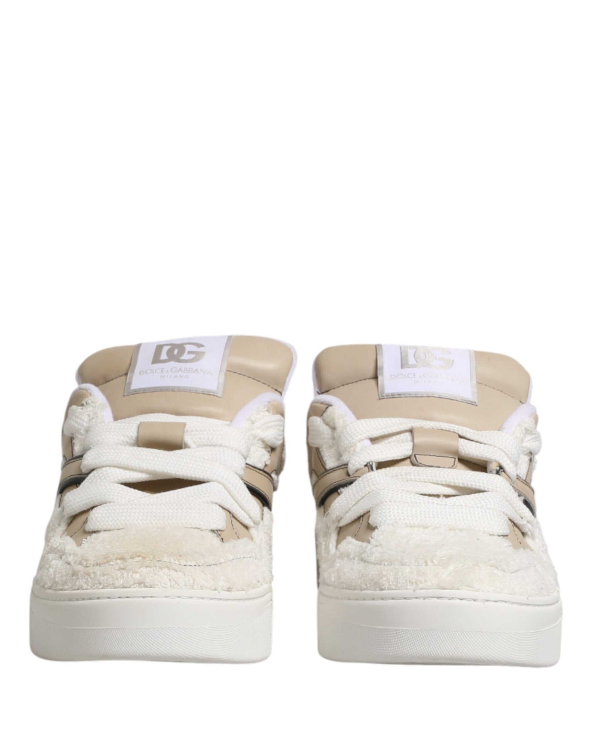 Dolce & Gabbana White Beige Faux Shearling Low Top Sneakers Shoes Curated Luxury Accessories by Orvyn