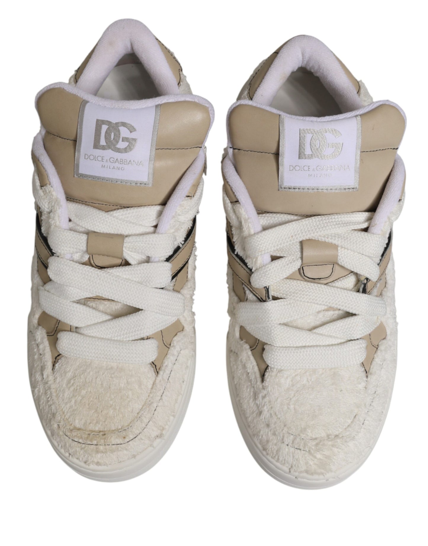 Dolce & Gabbana White Beige Faux Shearling Low Top Sneakers Shoes Curated Luxury Accessories by Orvyn