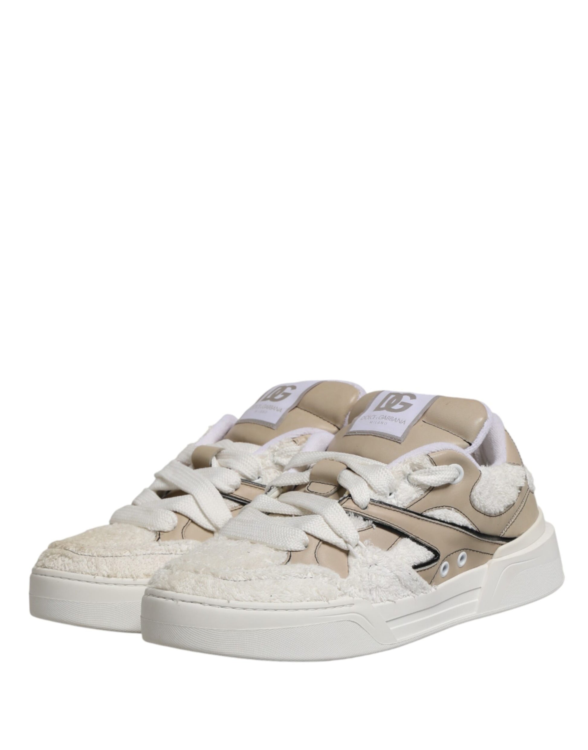 Dolce & Gabbana White Beige Faux Shearling Low Top Sneakers Shoes Curated Luxury Accessories by Orvyn