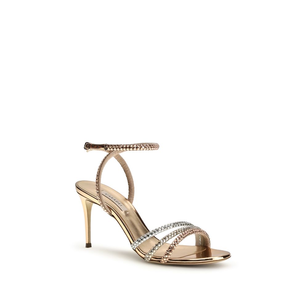 Casadei Gold Calf Leather Bos Taurus Stiletto Heel Sandals Curated Luxury Accessories by Orvyn