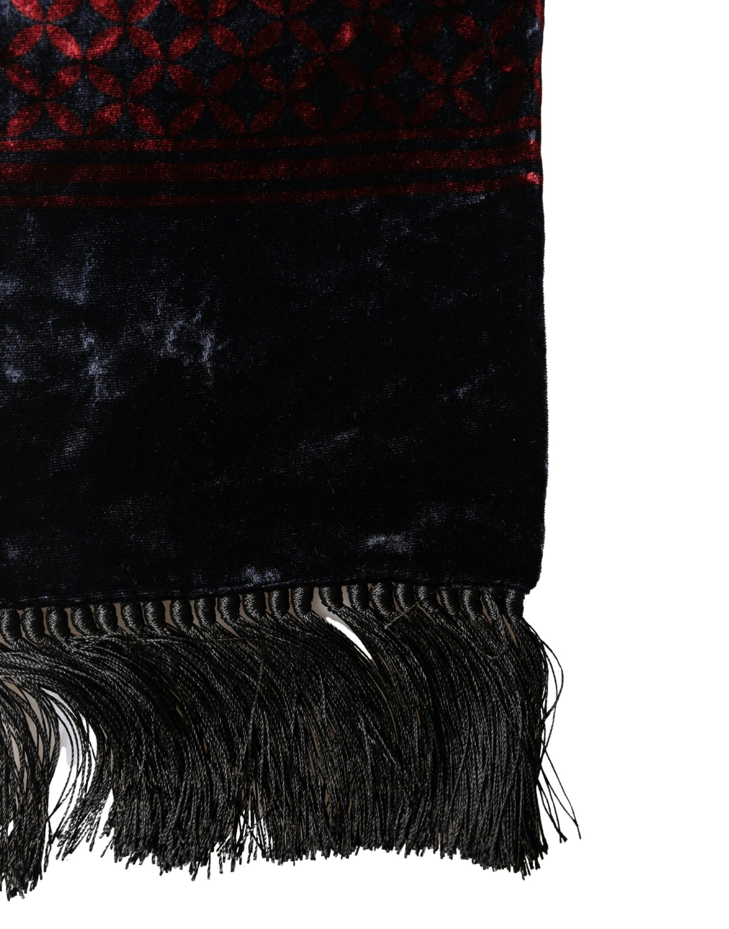 Dolce & Gabbana Black Red Rayon Geometric Pattern Fringe 140cm X 16cm Scarf Curated Luxury Accessories by Orvyn
