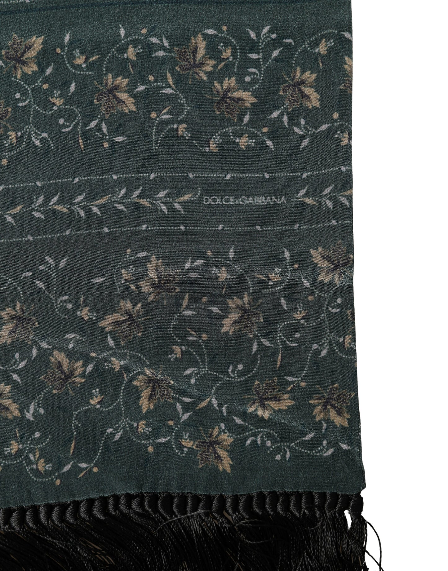 Dolce & Gabbana Green Silk Floral Pattern Fringed 135cm X 16cm Scarf Curated Luxury Accessories by Orvyn