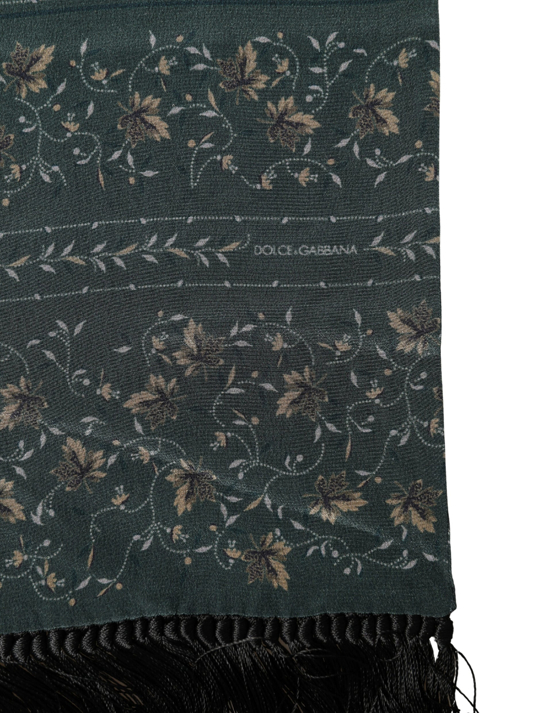 Dolce & Gabbana Green Silk Floral Pattern Fringed 135cm X 16cm Scarf Curated Luxury Accessories by Orvyn