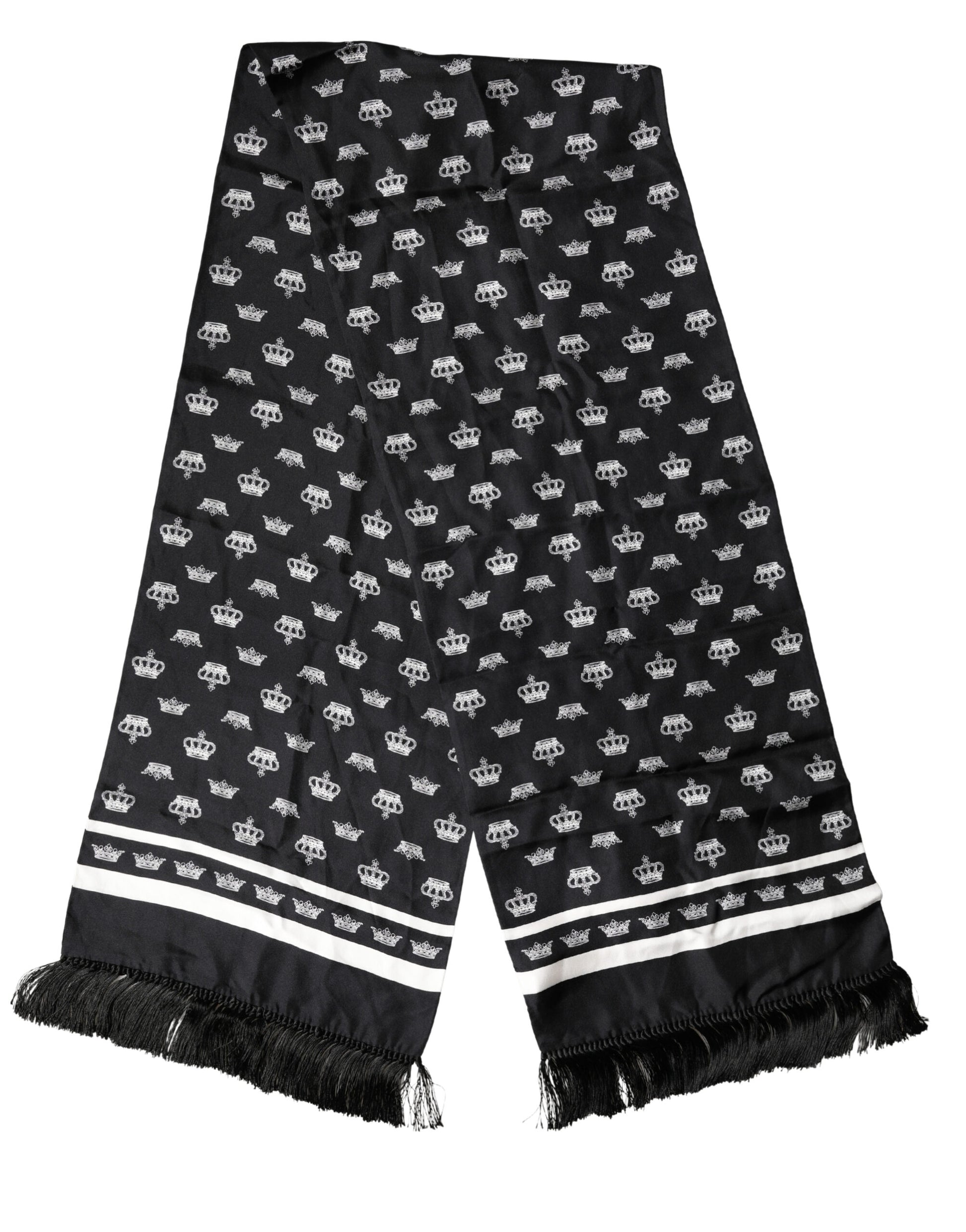 Dolce & Gabbana Black Silk Crown Fringe Neck Wrap 173cm x 32.5cm Scarf Curated Luxury Accessories by Orvyn