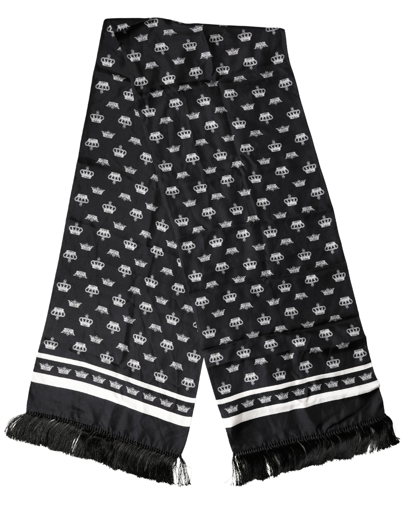 Dolce & Gabbana Black Silk Crown Fringe Neck Wrap 173cm x 32.5cm Scarf Curated Luxury Accessories by Orvyn