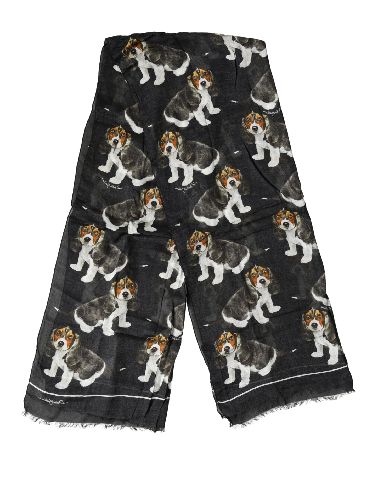 Dolce & Gabbana Black Dog Print Modal Wool Wrap Foulard 178cm X 63cm Scarf Curated Luxury Accessories by Orvyn