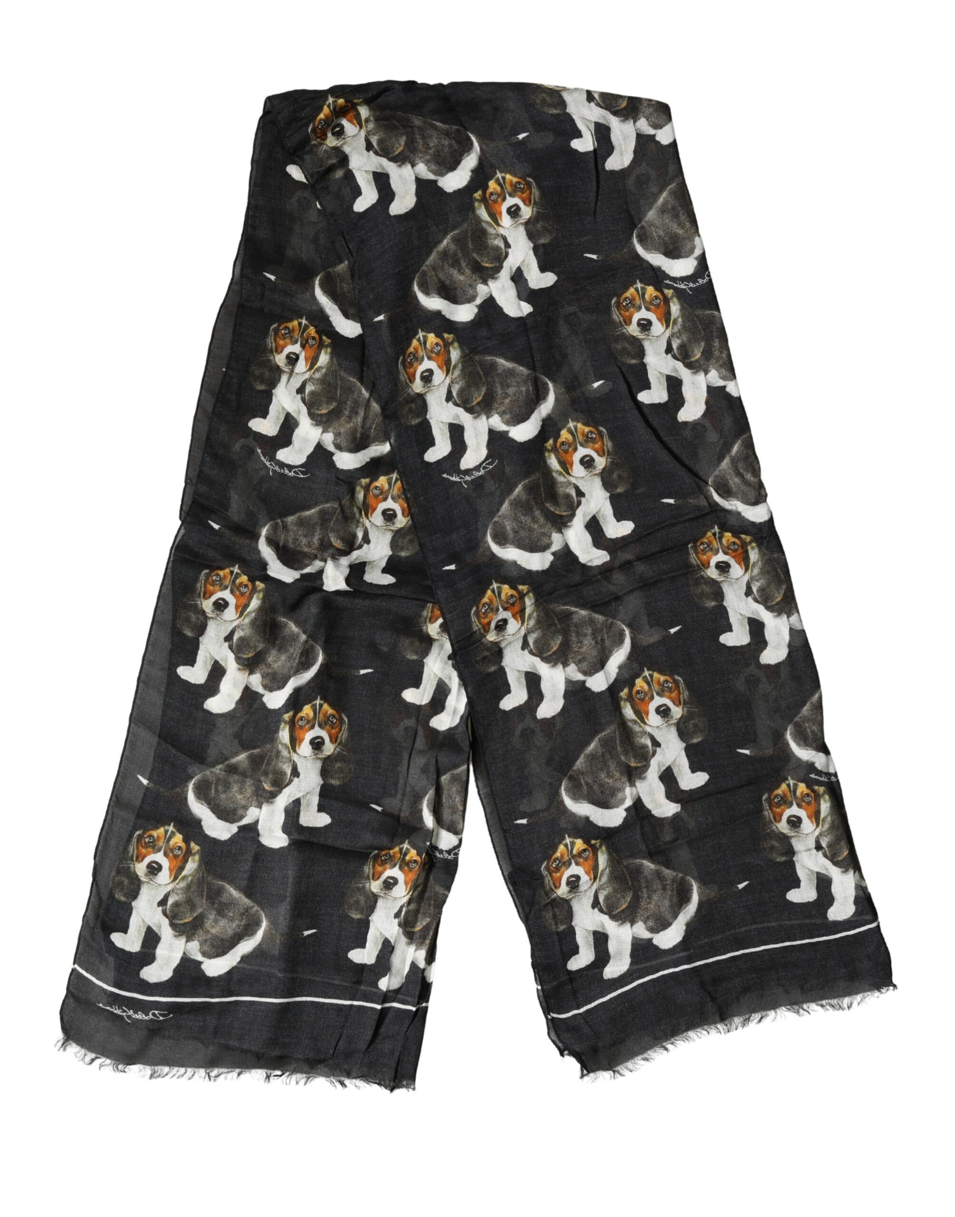 Dolce & Gabbana Black Dog Print Modal Wool Wrap Foulard 178cm X 63cm Scarf Curated Luxury Accessories by Orvyn