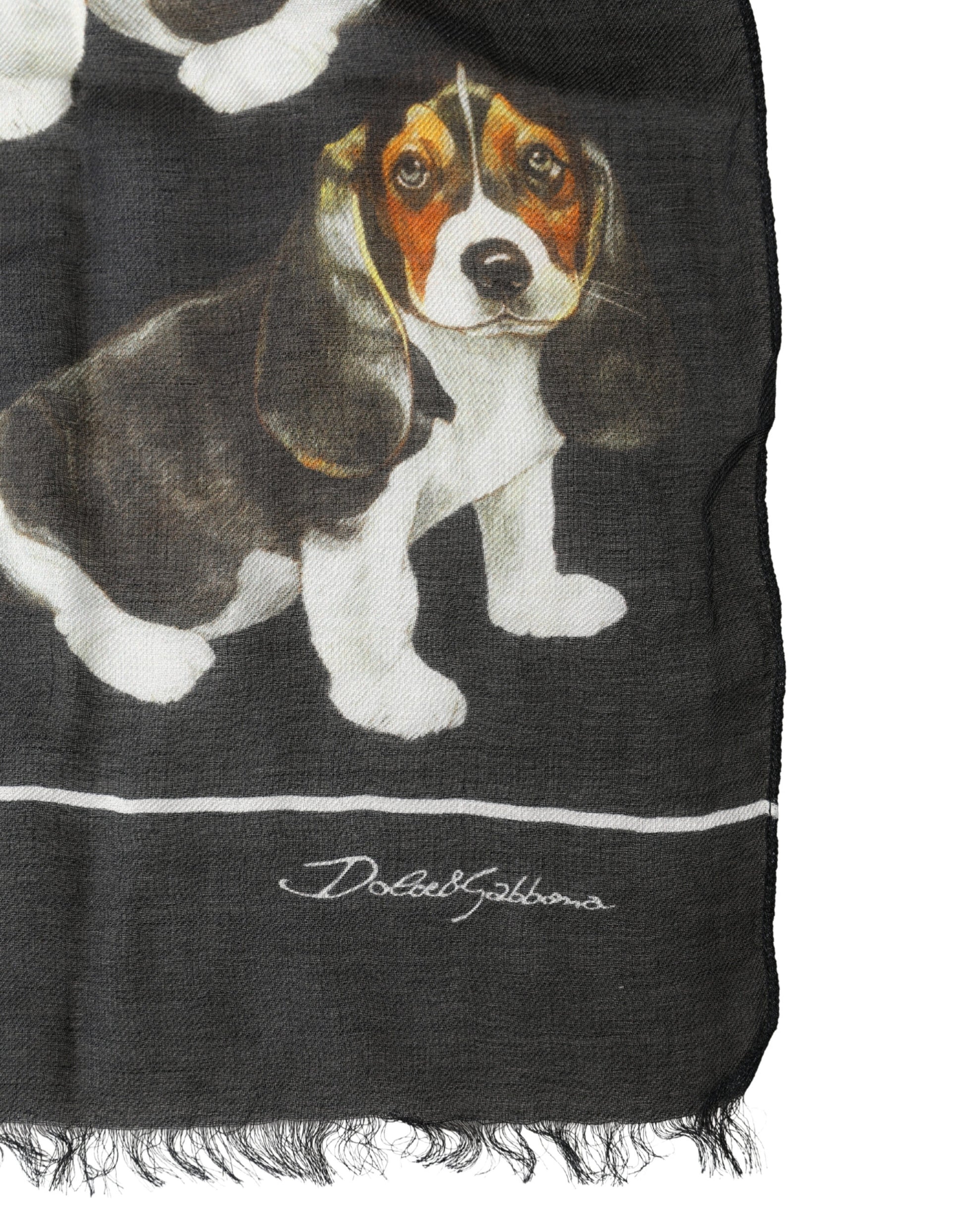 Dolce & Gabbana Black Dog Print Modal Wool Wrap Foulard 178cm X 63cm Scarf Curated Luxury Accessories by Orvyn