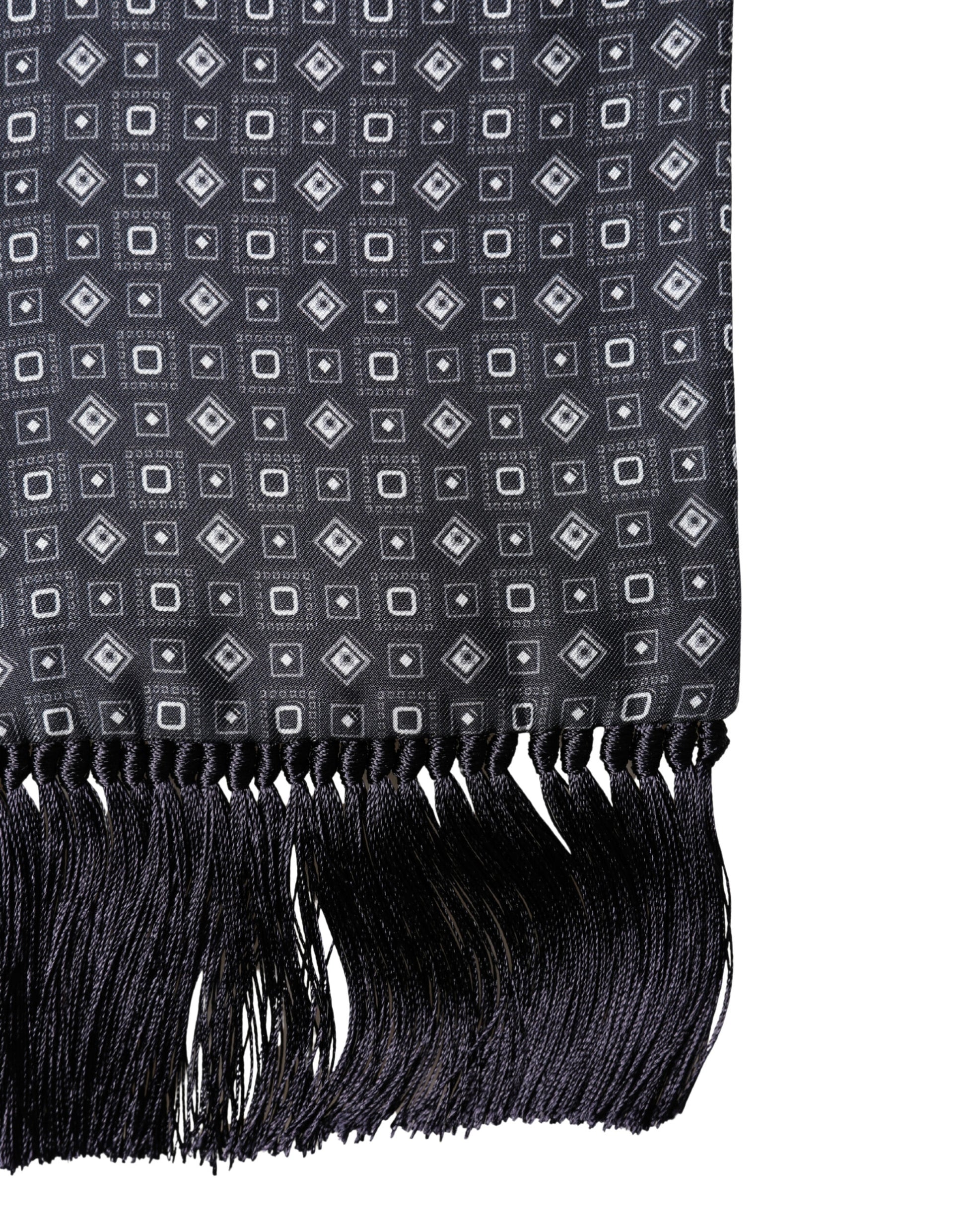 Dolce & Gabbana Black Silk Geometric Fringe Wrap Foulard 136cm X 15cm Scarf Curated Luxury Accessories by Orvyn