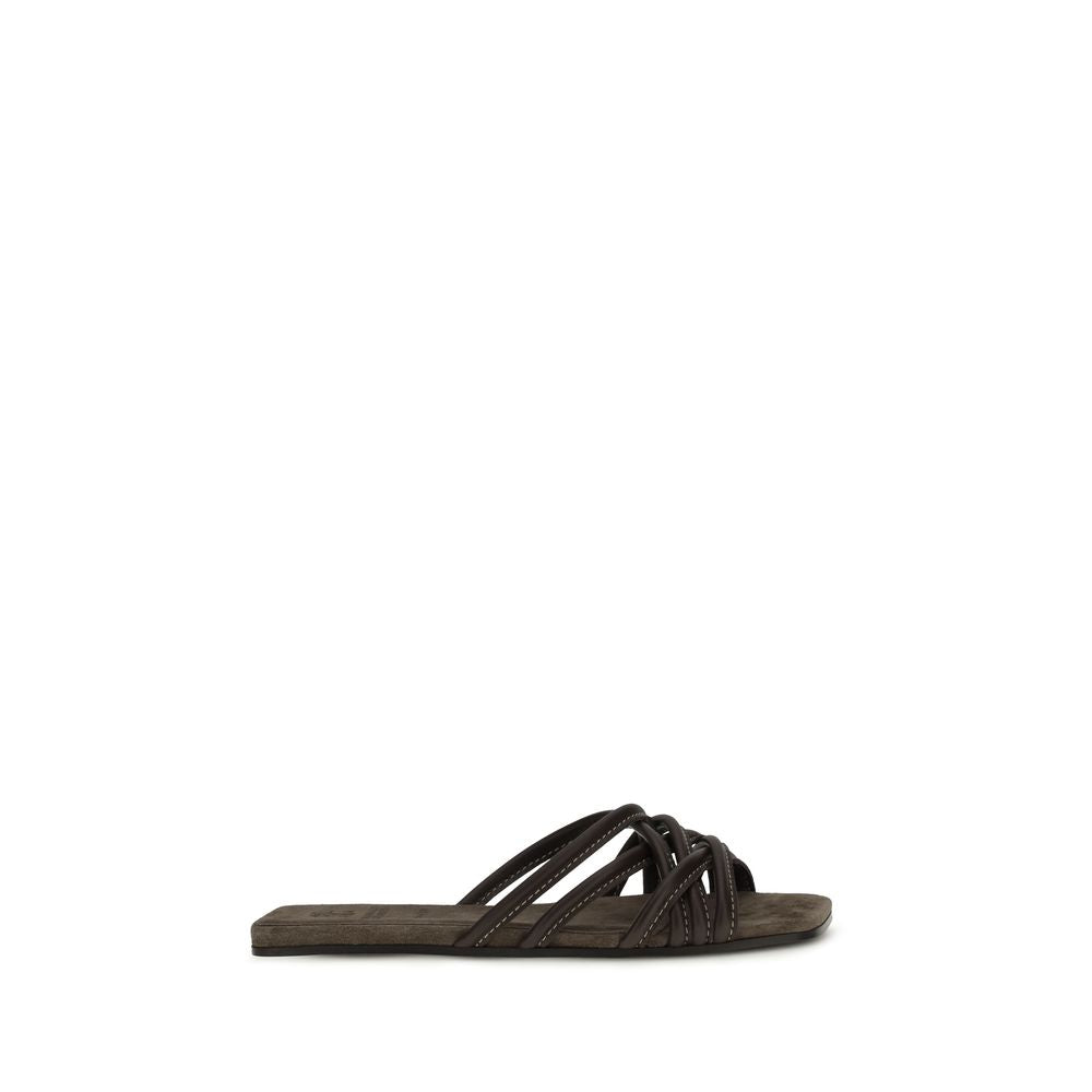 Brunello Cucinelli Brown Calf Leather Bos Taurus Flat Sandals Curated Luxury Accessories by Orvyn