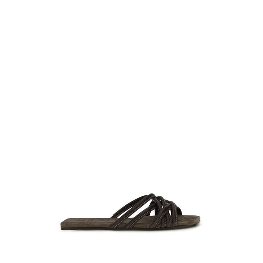 Brunello Cucinelli Brown Calf Leather Bos Taurus Flat Sandals Curated Luxury Accessories by Orvyn