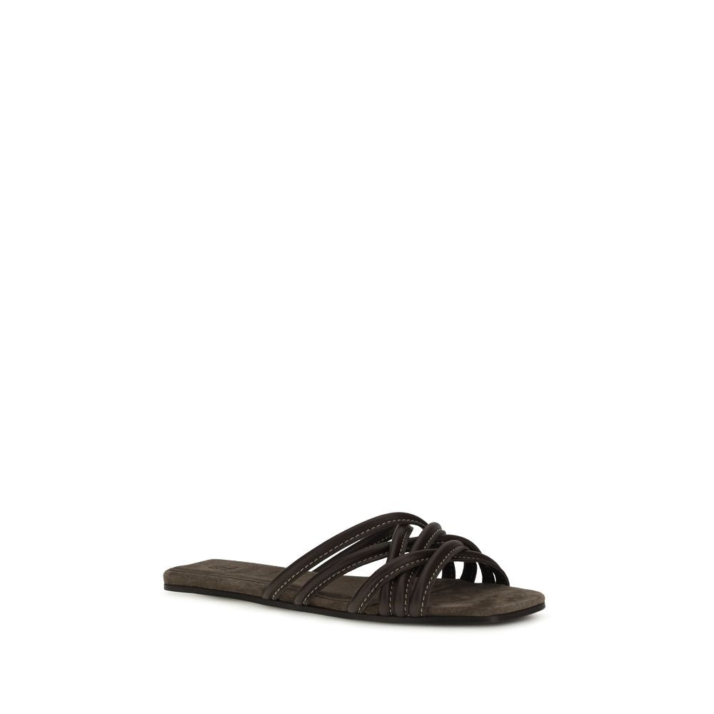 Brunello Cucinelli Brown Calf Leather Bos Taurus Flat Sandals Curated Luxury Accessories by Orvyn