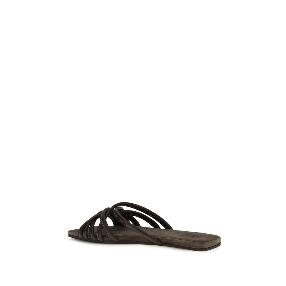 Brunello Cucinelli Brown Calf Leather Bos Taurus Flat Sandals Curated Luxury Accessories by Orvyn