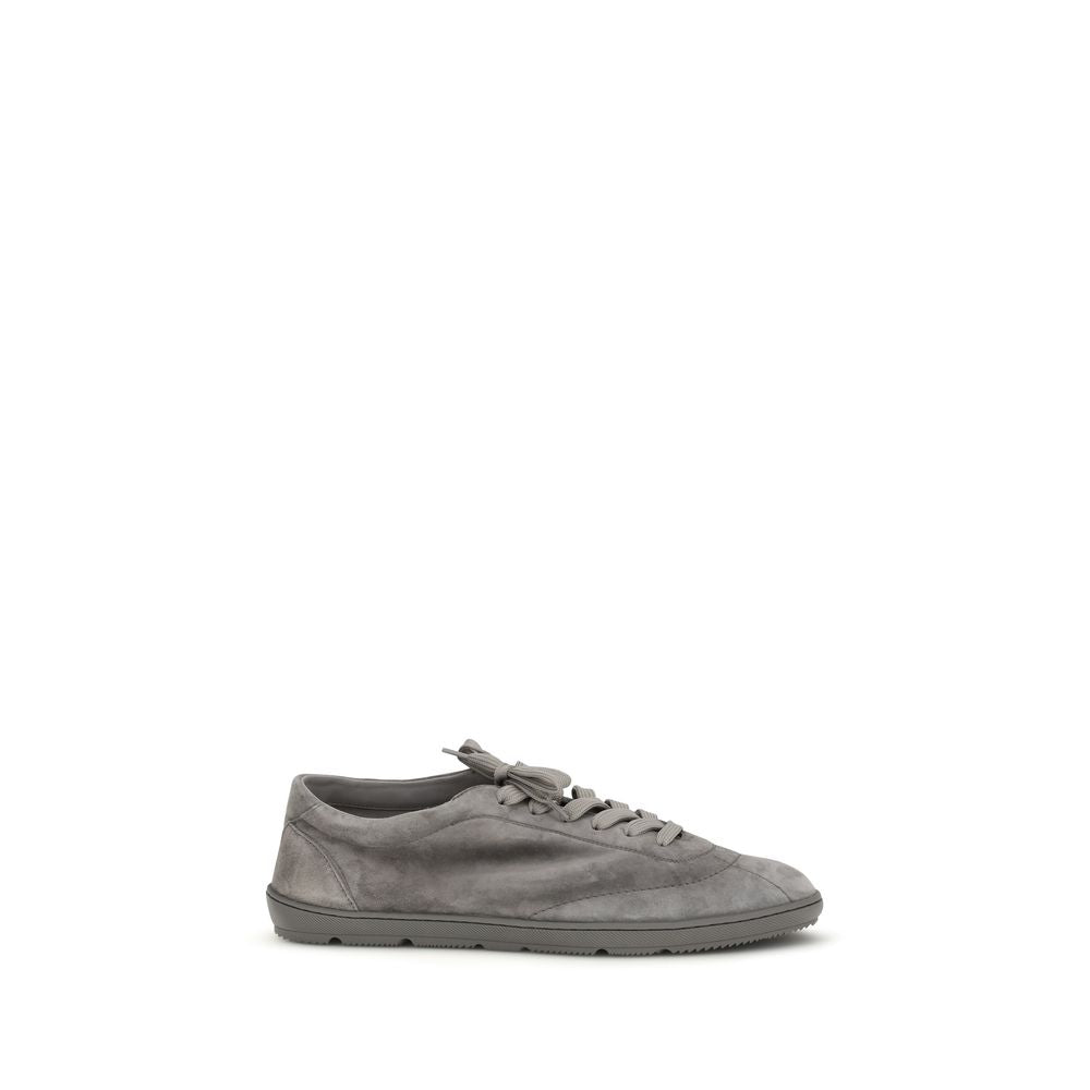 Brunello Cucinelli Gray Calf Leather Bos Taurus Low Top Sneakers Curated Luxury Accessories by Orvyn