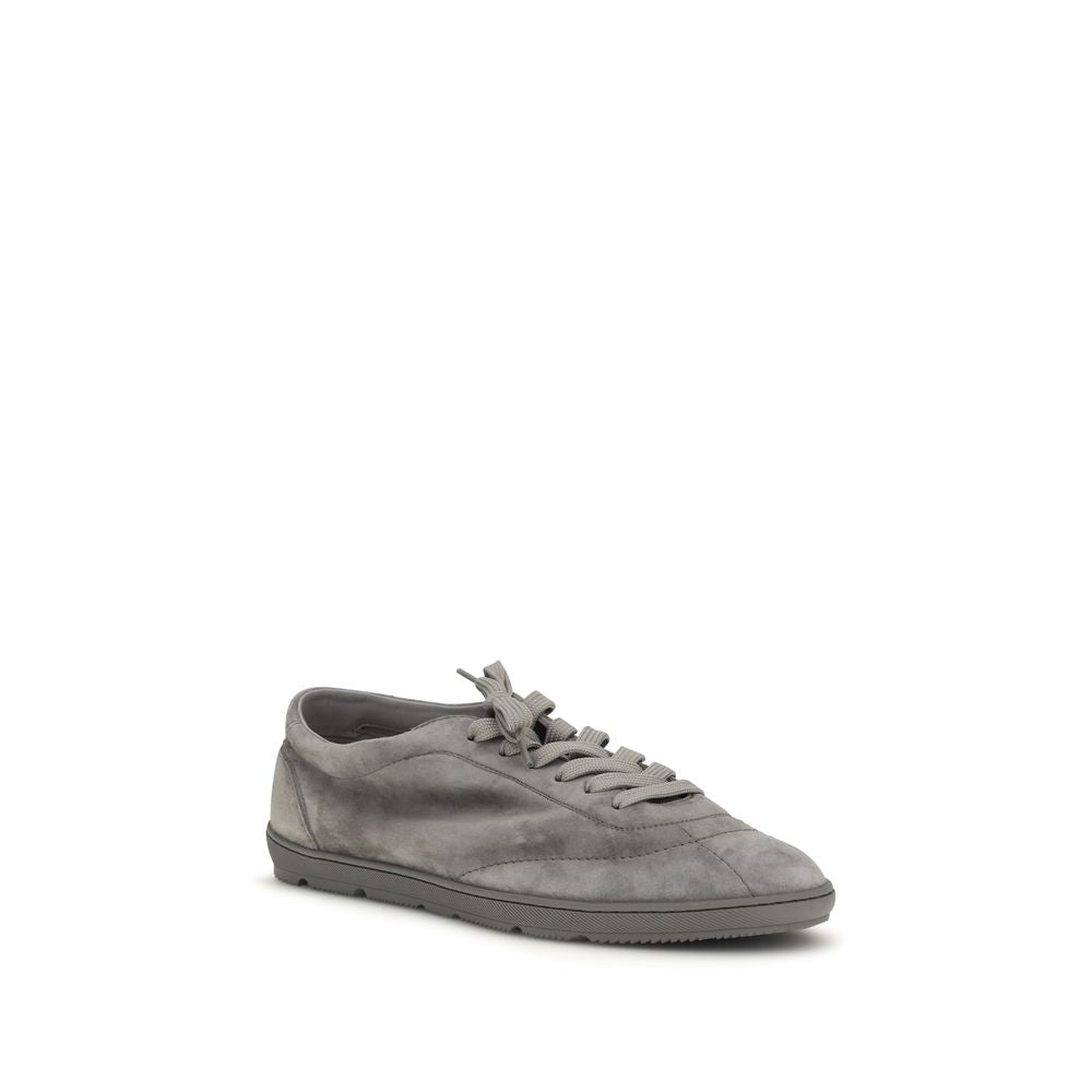 Brunello Cucinelli Gray Calf Leather Bos Taurus Low Top Sneakers Curated Luxury Accessories by Orvyn
