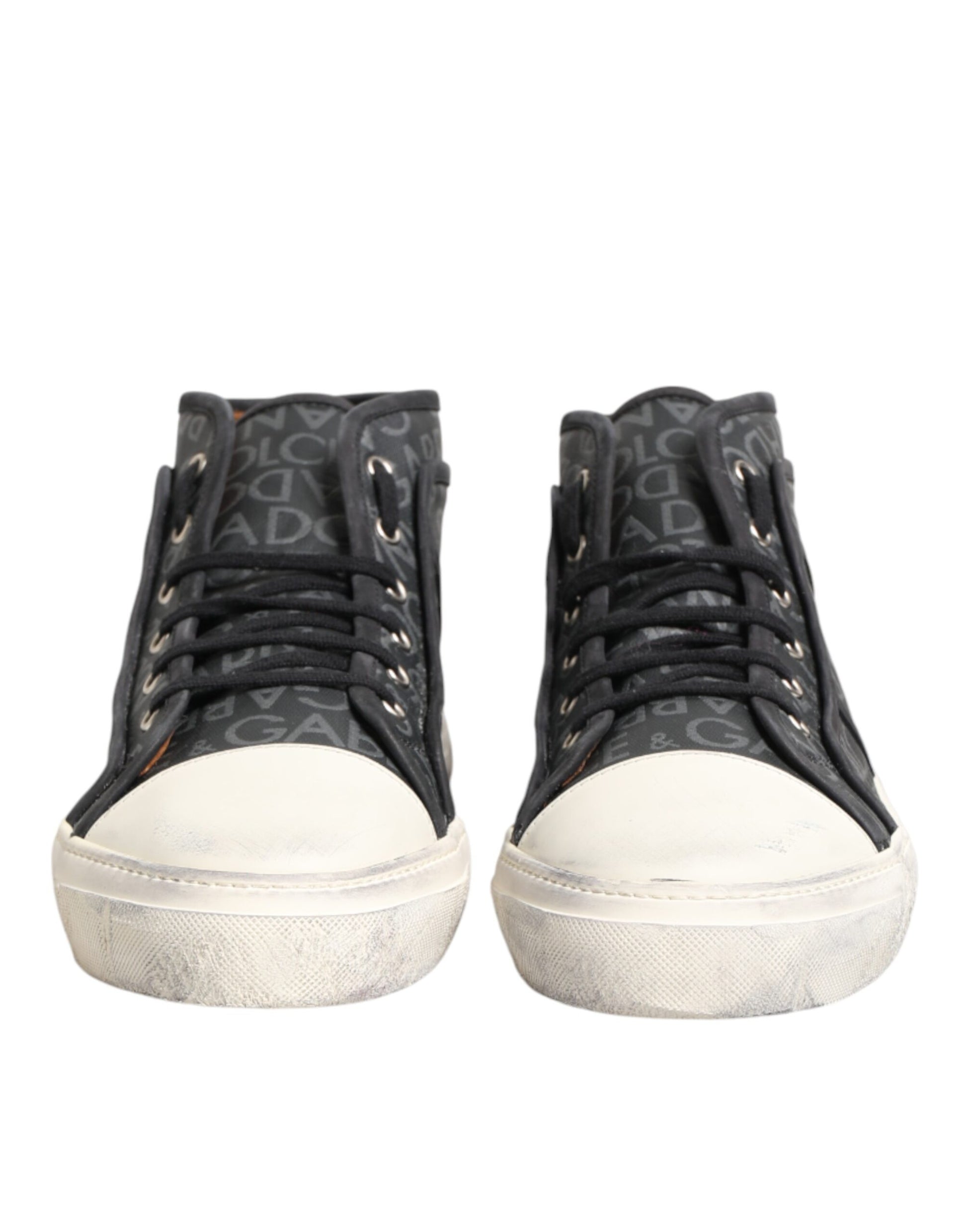 Dolce & Gabbana Black White Canvas Logo Mid Top Sneakers Shoes Curated Luxury Accessories by Orvyn