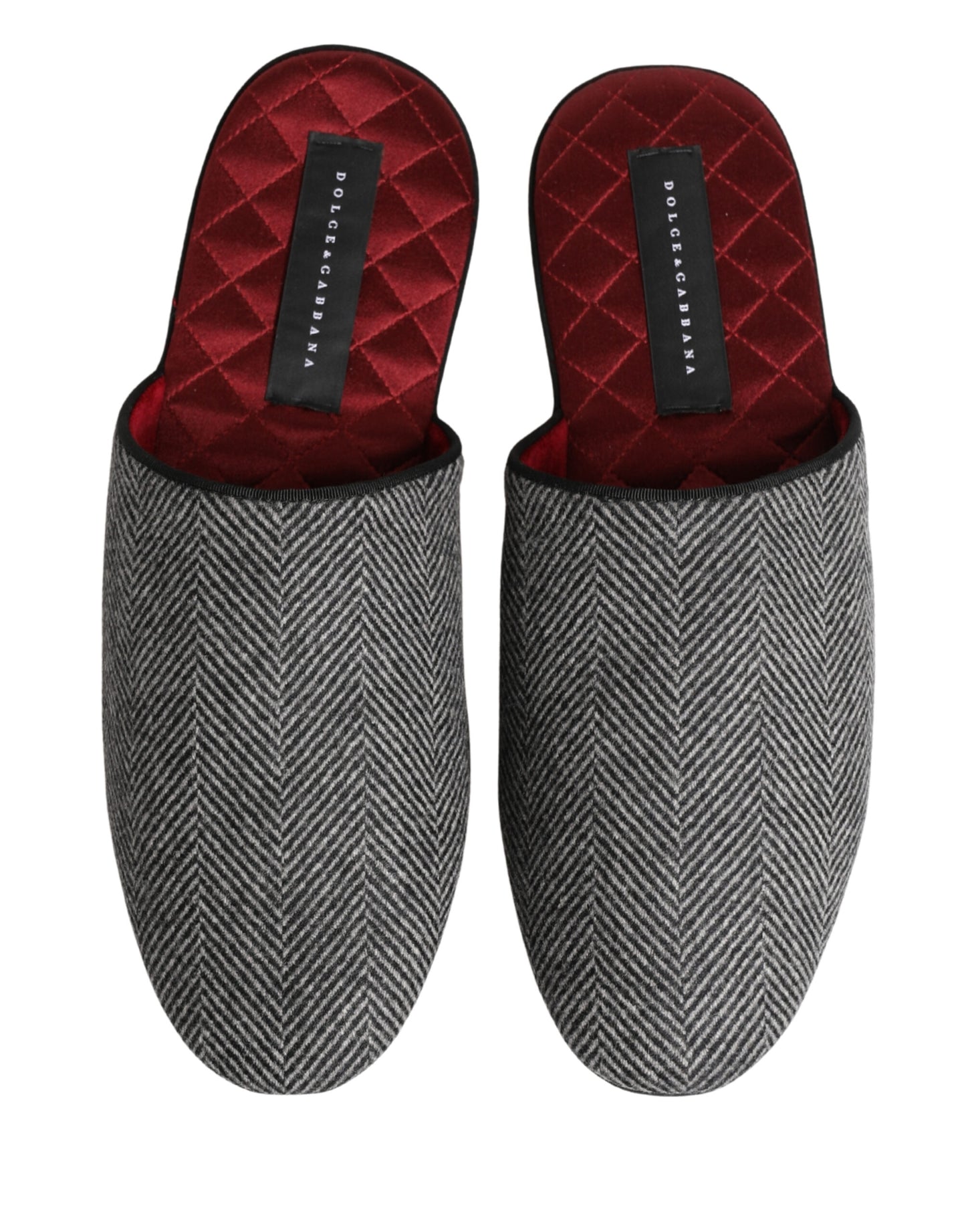 Dolce & Gabbana Grey Herringbone Cashmere Red Slippers Shoes Curated Luxury Accessories by Orvyn