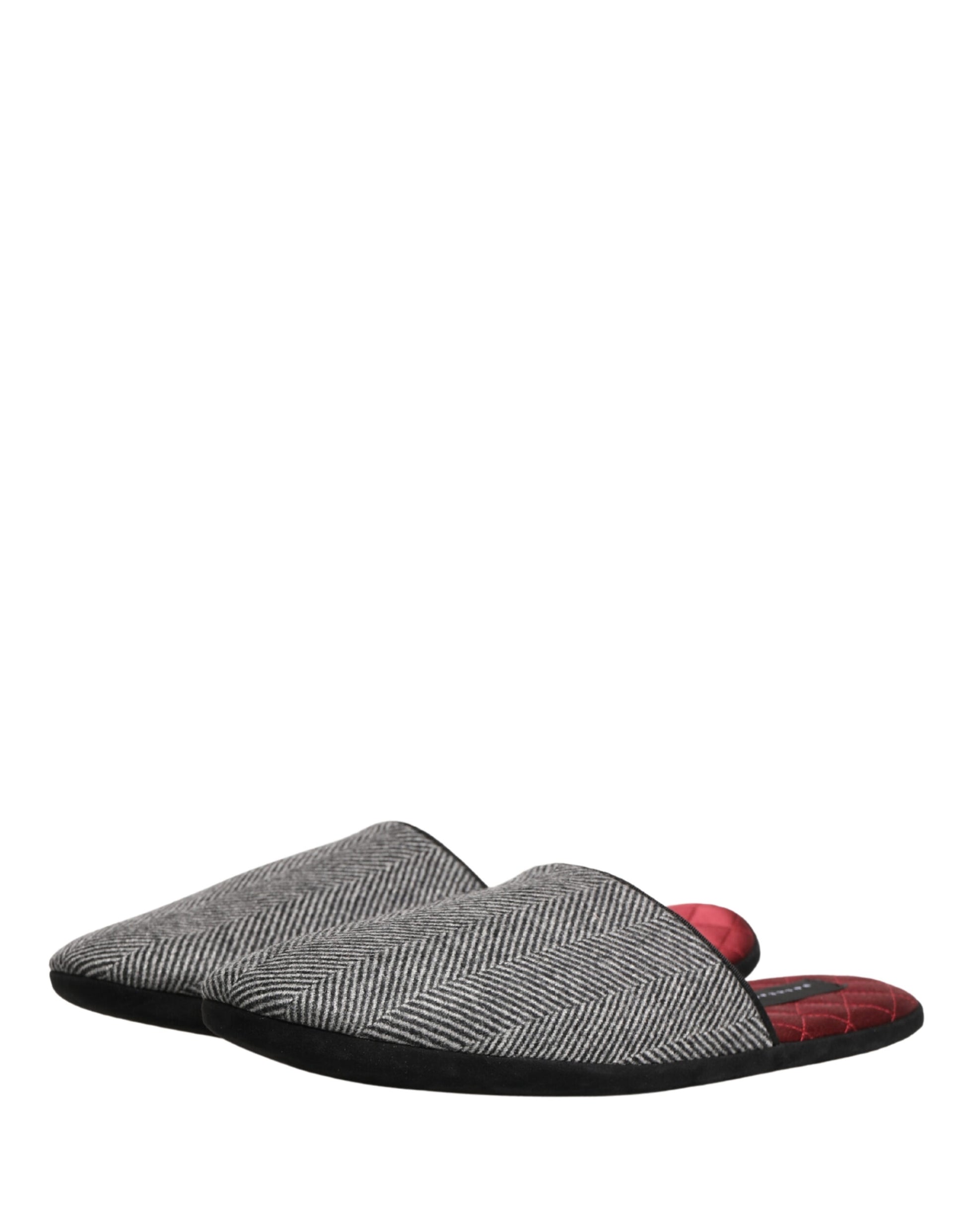 Dolce & Gabbana Grey Herringbone Cashmere Red Slippers Shoes Curated Luxury Accessories by Orvyn