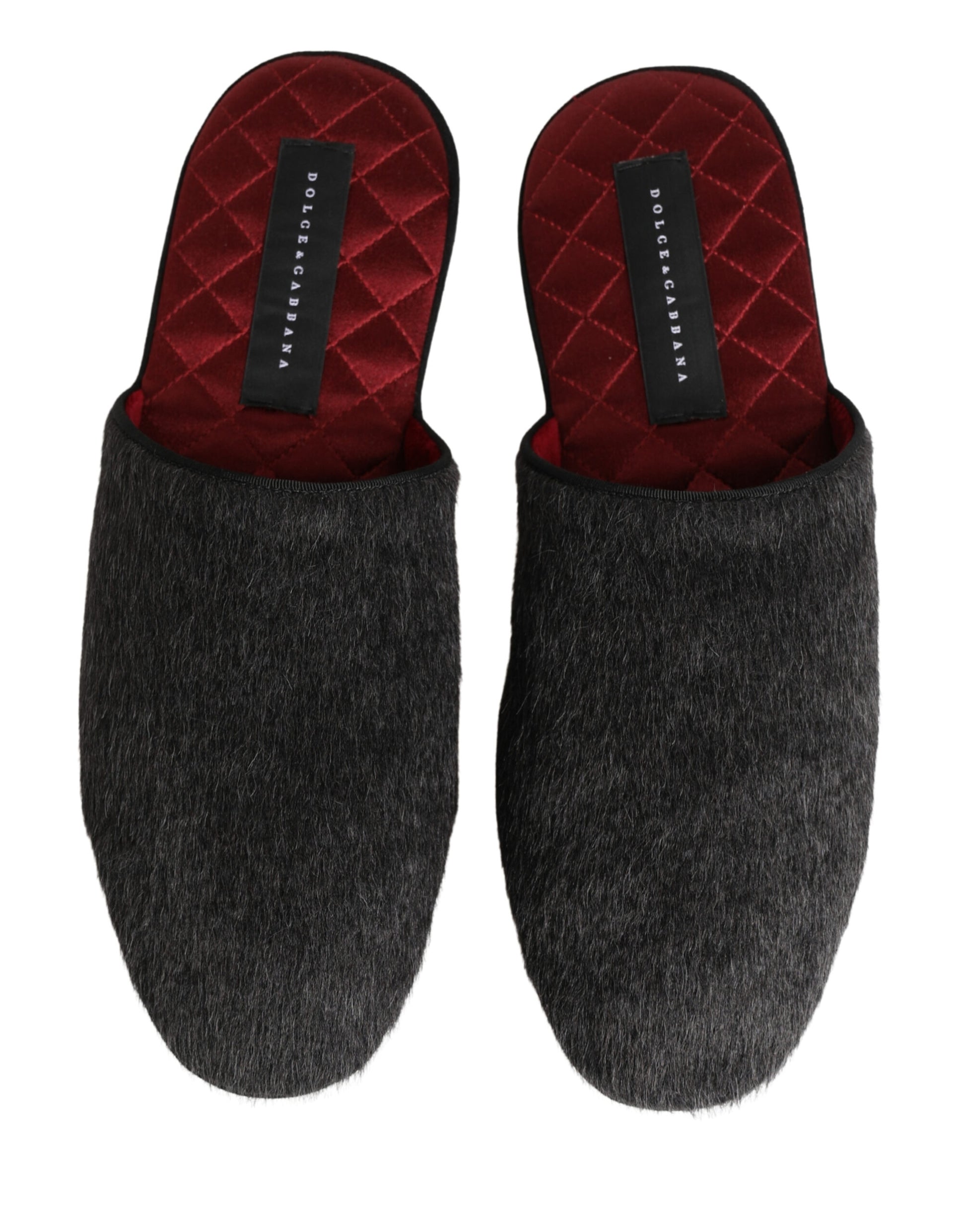 Dolce & Gabbana Dark Grey Charcoal Wool Red Slippers Shoes Curated Luxury Accessories by Orvyn