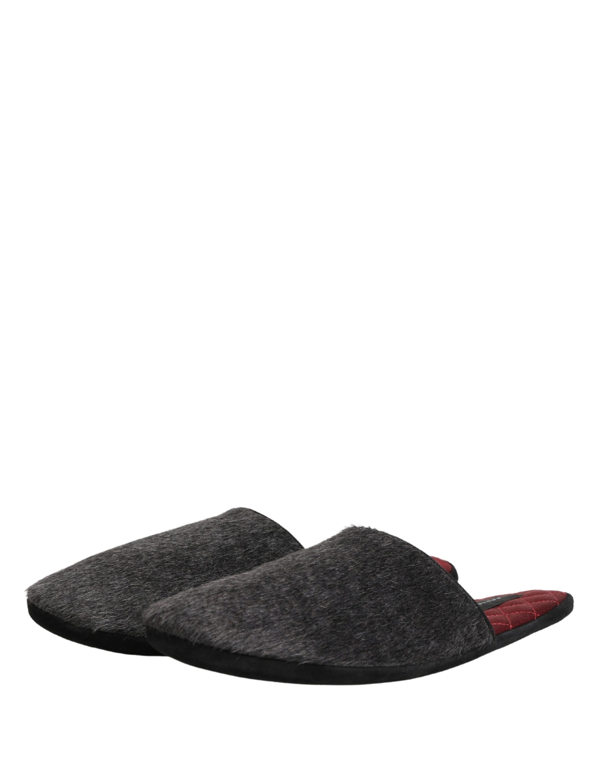 Dolce & Gabbana Dark Grey Charcoal Wool Red Slippers Shoes Curated Luxury Accessories by Orvyn