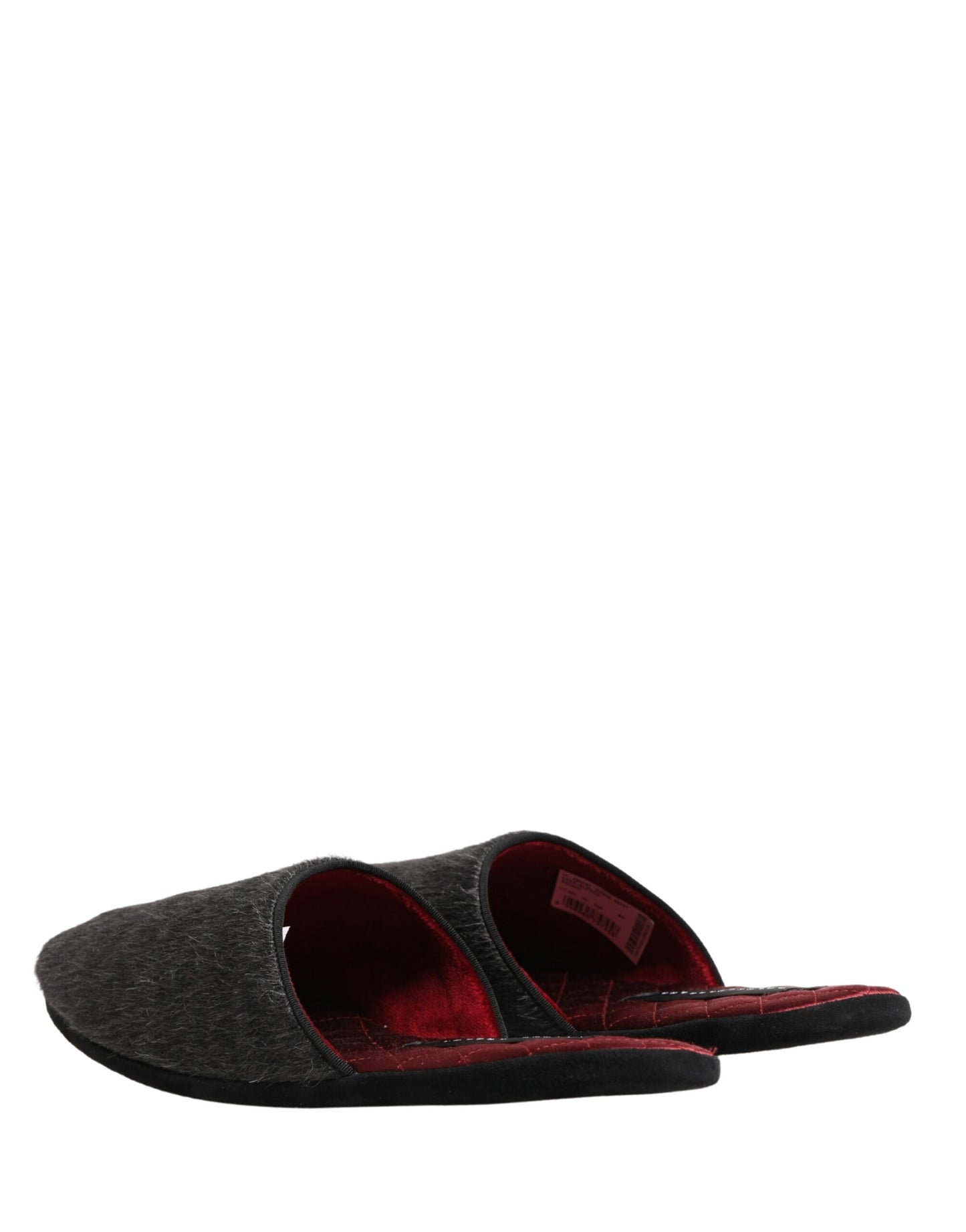 Dolce & Gabbana Dark Grey Charcoal Wool Red Slippers Shoes Curated Luxury Accessories by Orvyn
