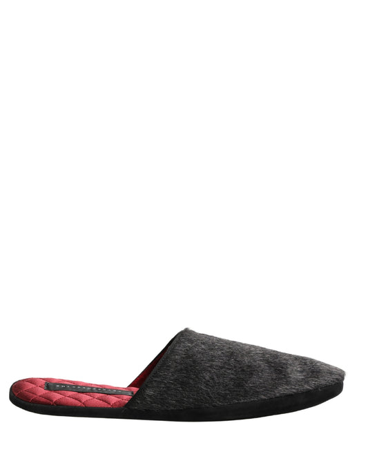 Dolce & Gabbana Dark Grey Charcoal Wool Red Slippers Shoes Curated Luxury Accessories by Orvyn