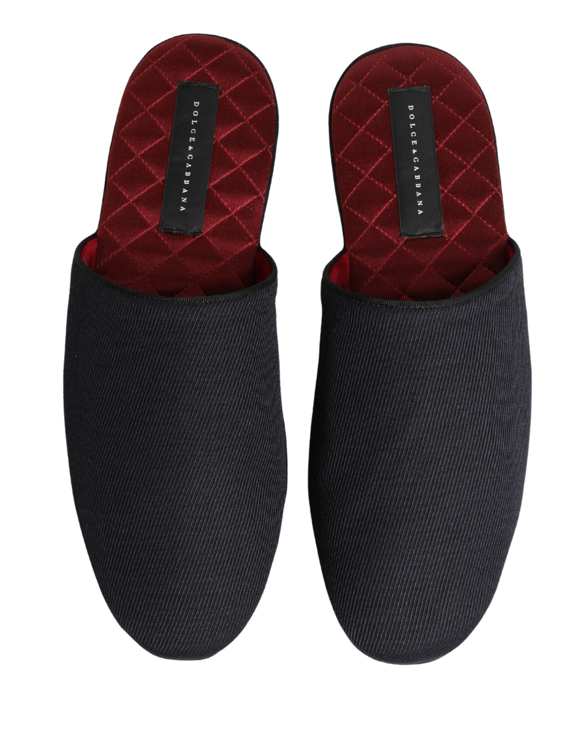 Dolce & Gabbana Dark Navy Wool Cotton Red Chevron Slippers Shoes Curated Luxury Accessories by Orvyn