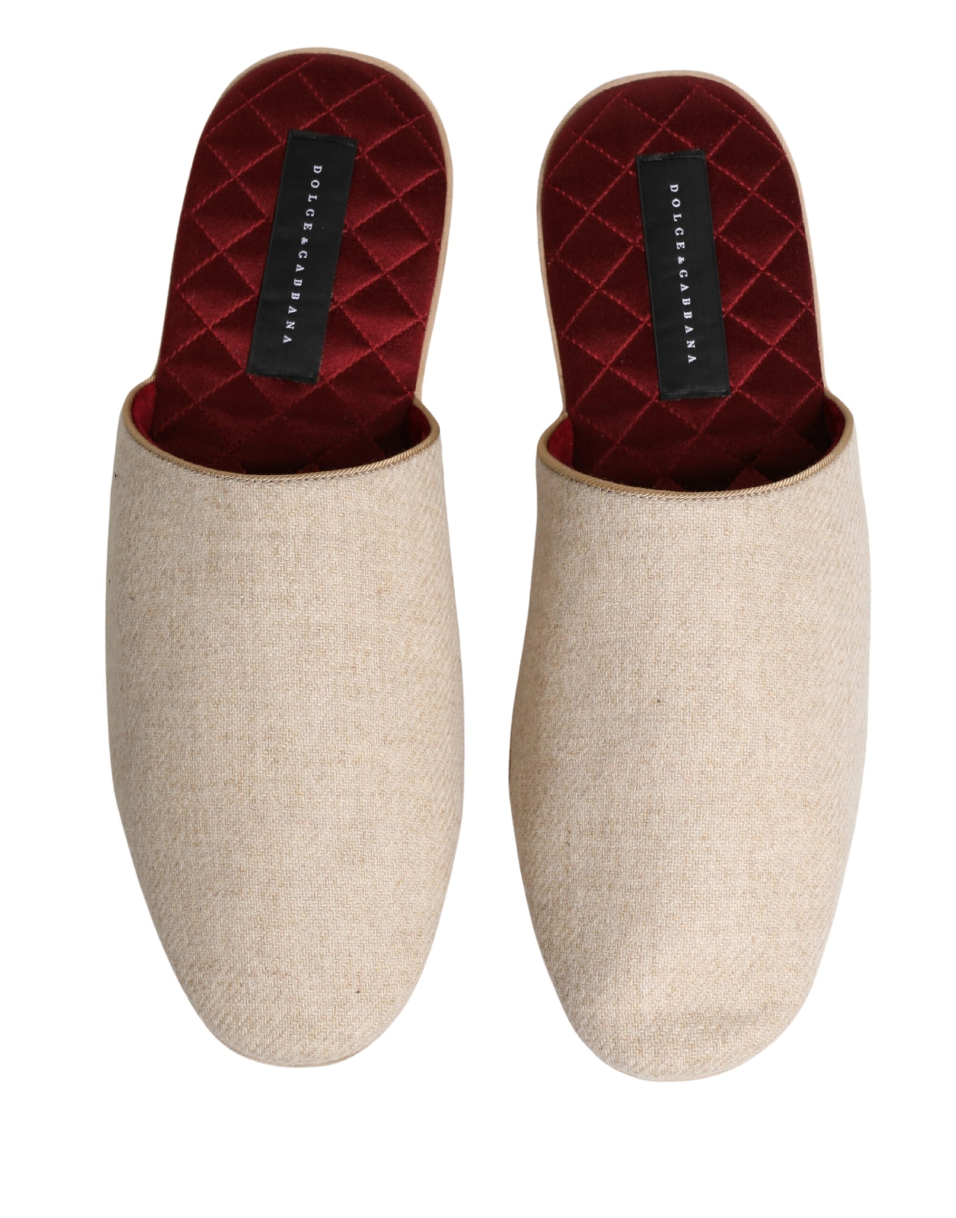 Dolce & Gabbana Beige Shetland Wool Red Quilted Slippers Shoes Curated Luxury Accessories by Orvyn