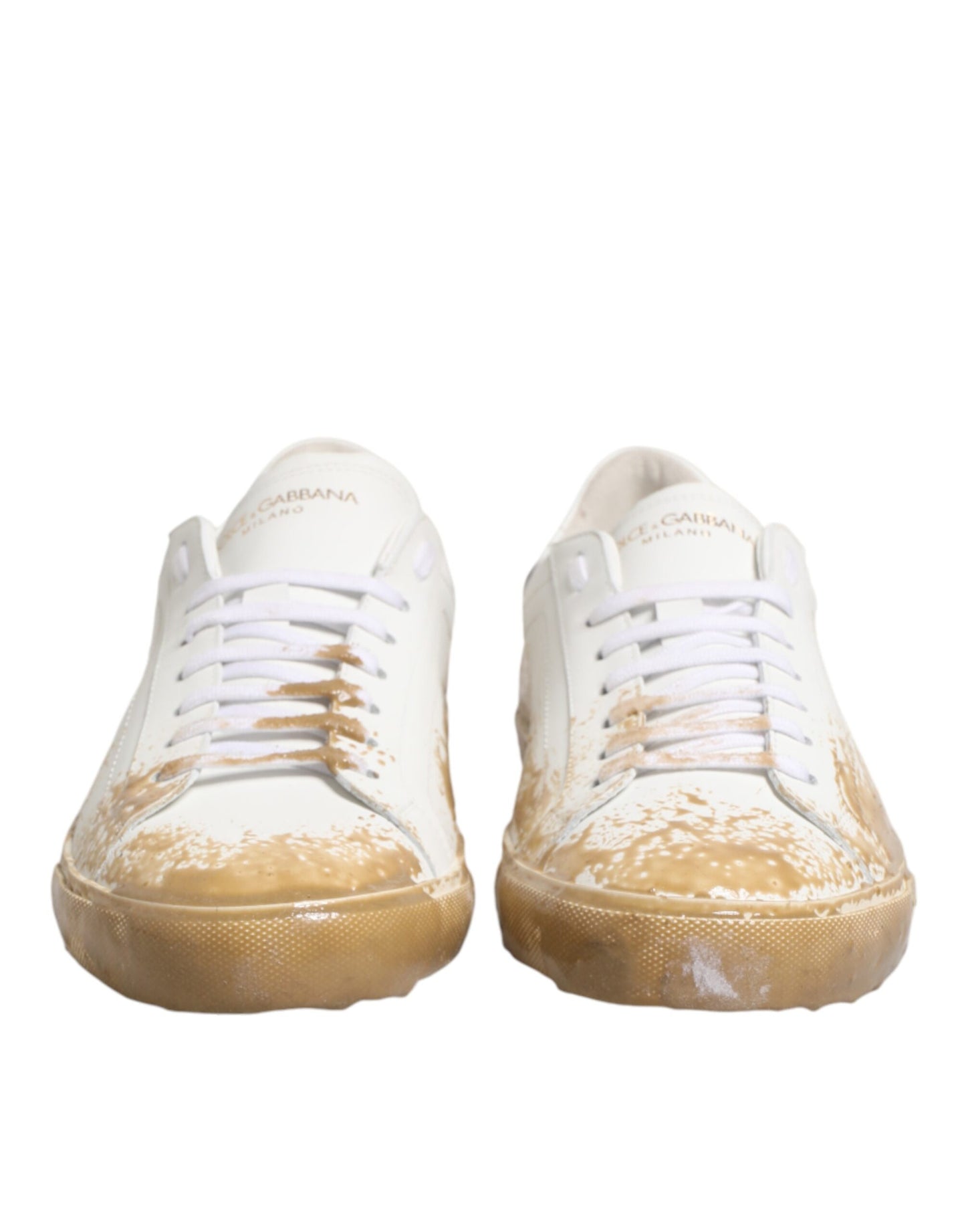 Dolce & Gabbana White Leather Paint Effect Low Top Sneakers Shoes Curated Luxury Accessories by Orvyn