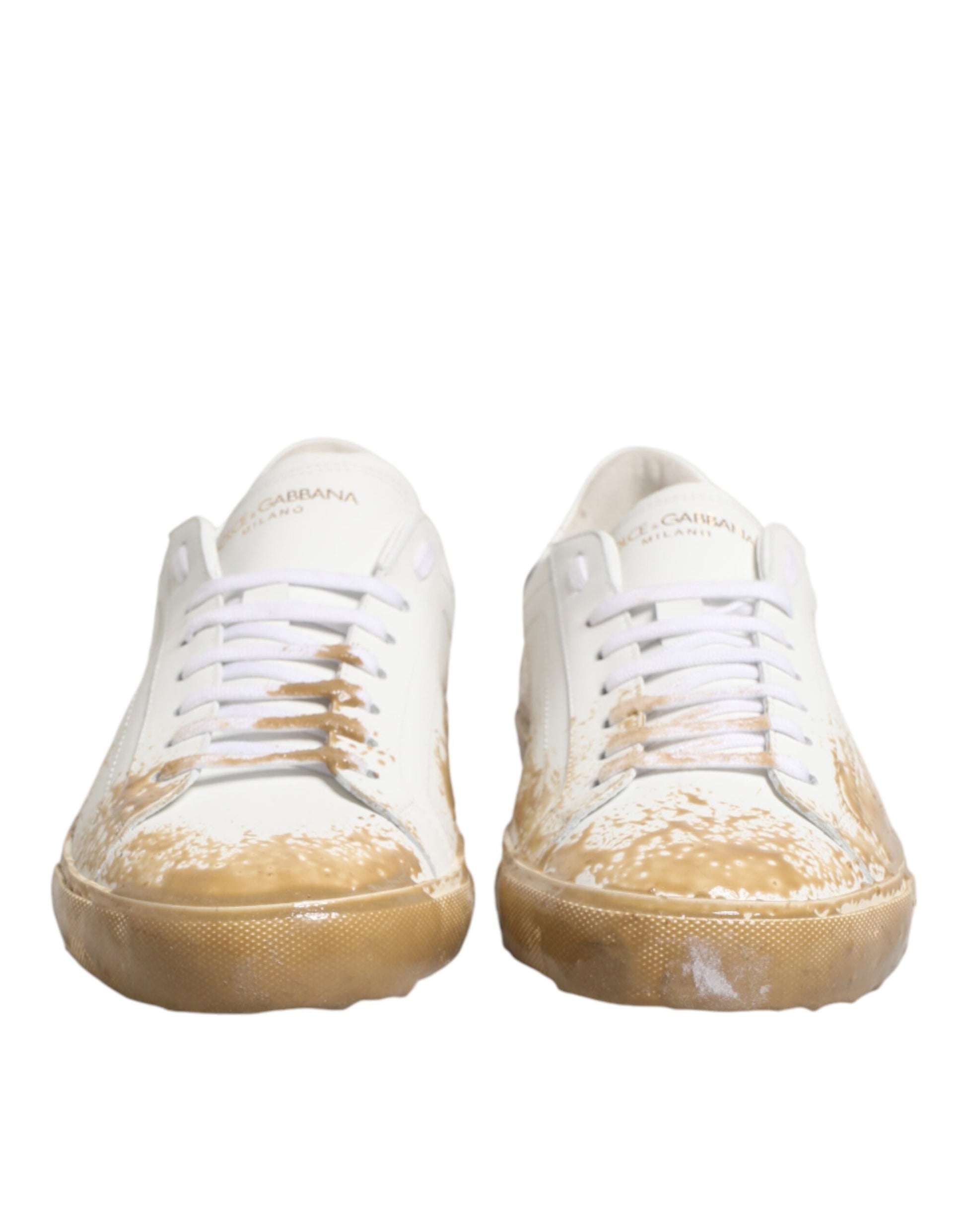 Dolce & Gabbana White Leather Paint Effect Low Top Sneakers Shoes Curated Luxury Accessories by Orvyn