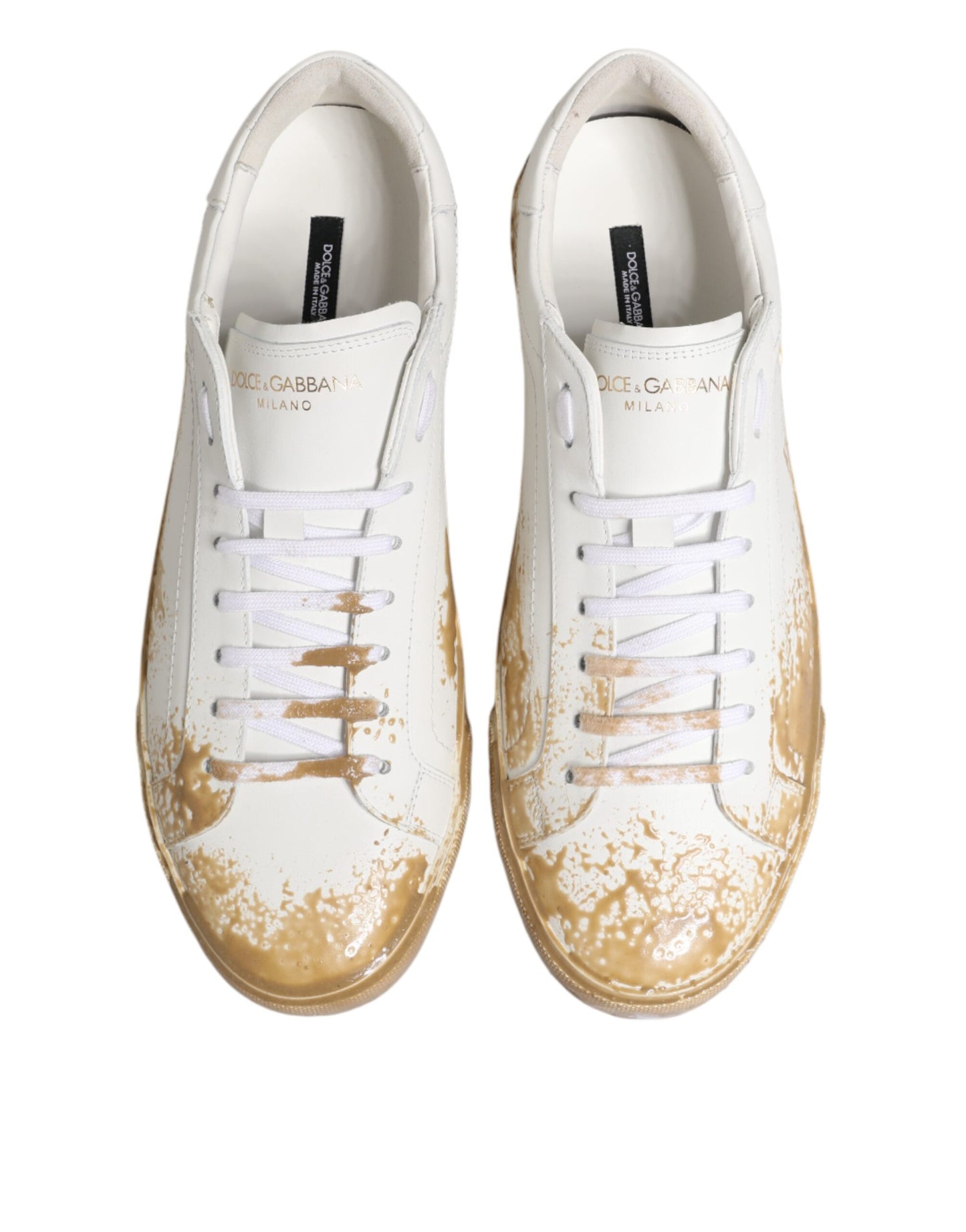 Dolce & Gabbana White Leather Paint Effect Low Top Sneakers Shoes Curated Luxury Accessories by Orvyn