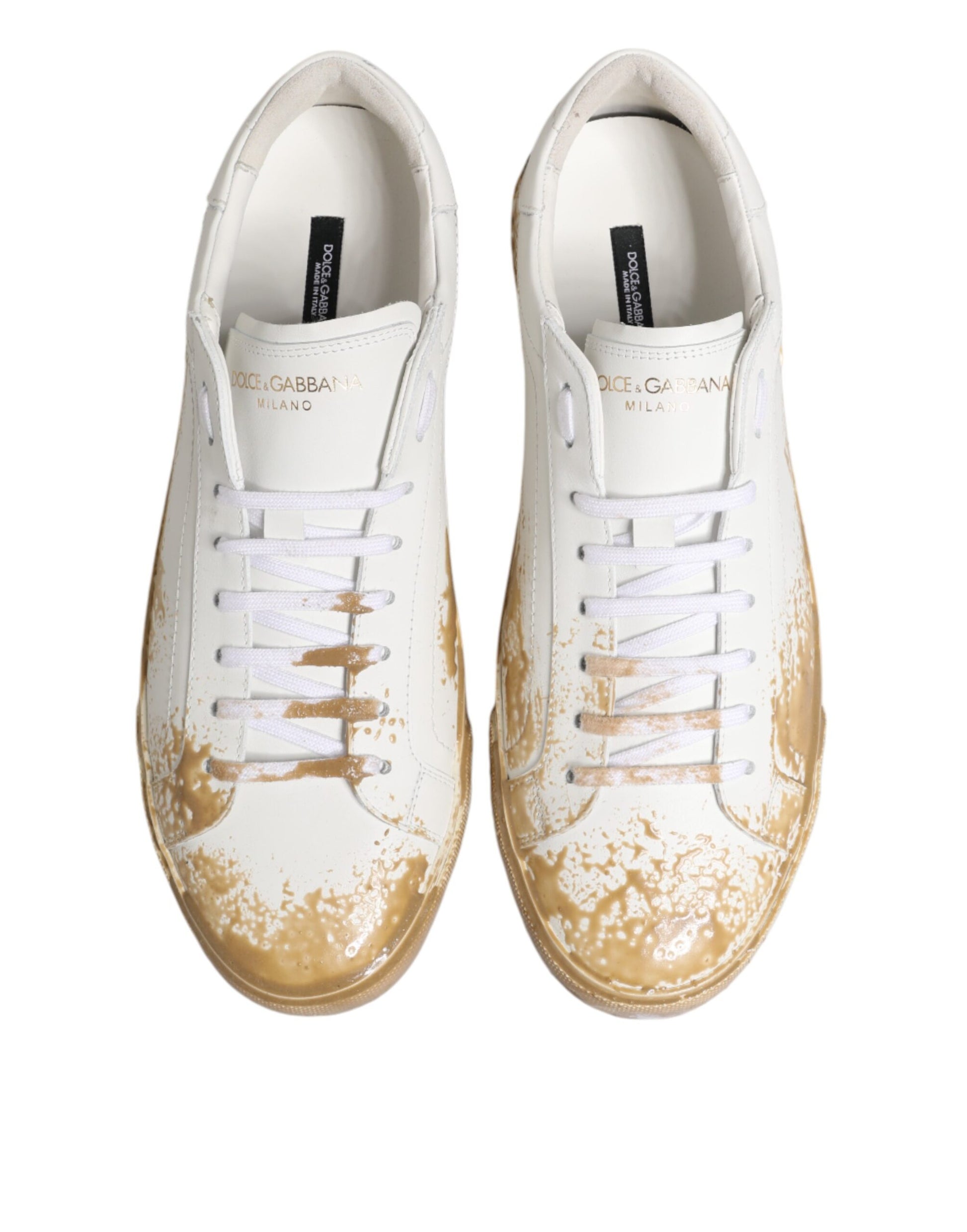Dolce & Gabbana White Leather Paint Effect Low Top Sneakers Shoes Curated Luxury Accessories by Orvyn