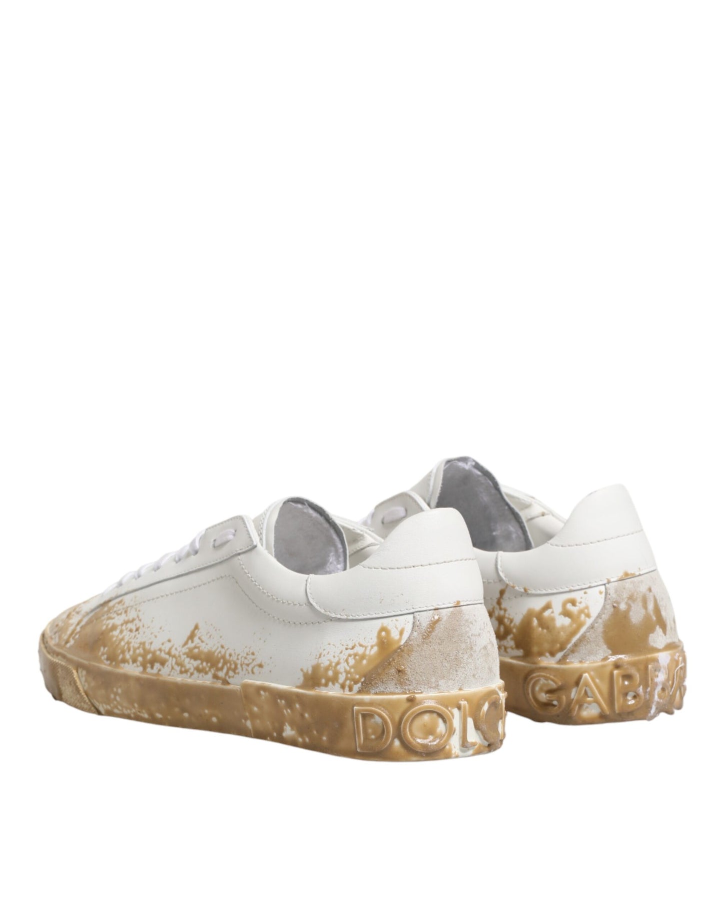 Dolce & Gabbana White Leather Paint Effect Low Top Sneakers Shoes Curated Luxury Accessories by Orvyn