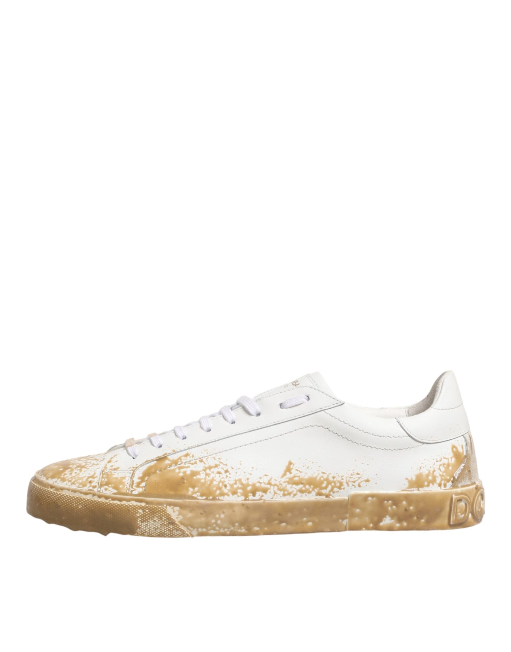 Dolce & Gabbana White Leather Paint Effect Low Top Sneakers Shoes Curated Luxury Accessories by Orvyn