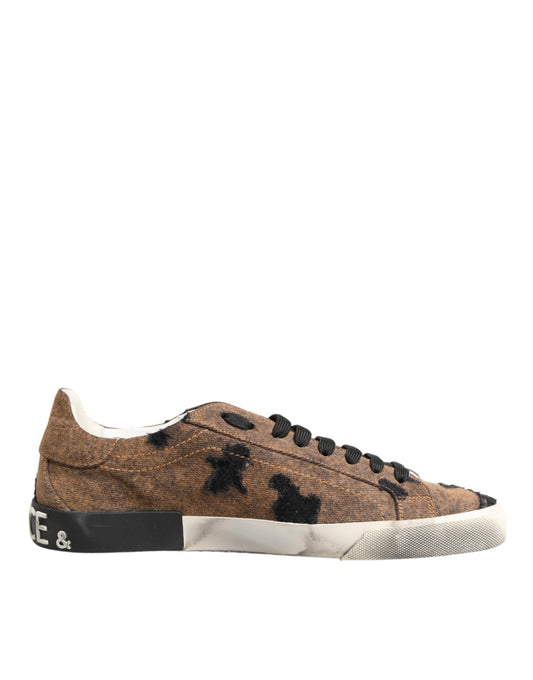 Dolce & Gabbana Brown Black Patch Denim Low Top Sneakers Shoes Curated Luxury Accessories by Orvyn