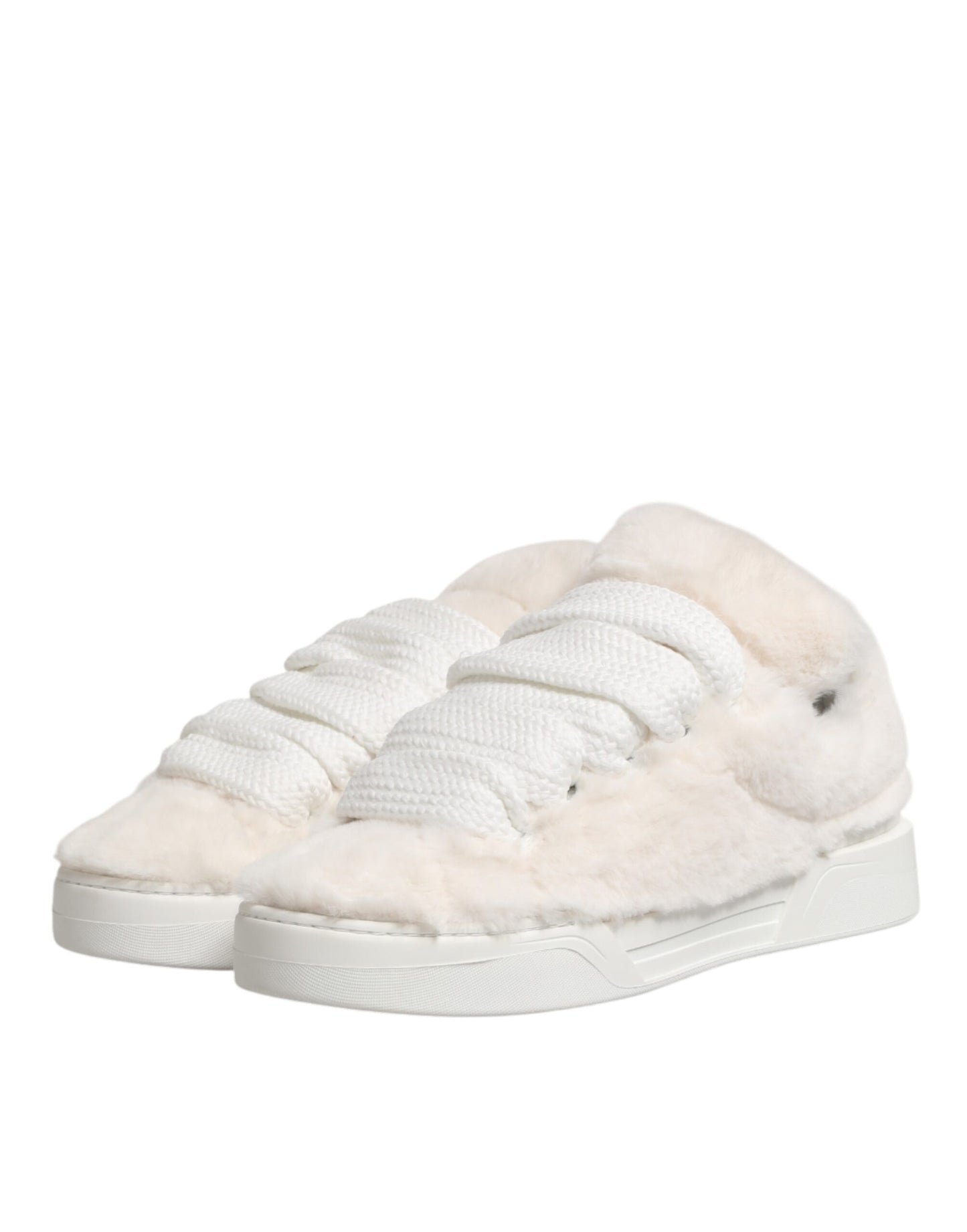 Dolce & Gabbana White Shearling Fur Bianco Low Top Sneakers Shoes Curated Luxury Accessories by Orvyn