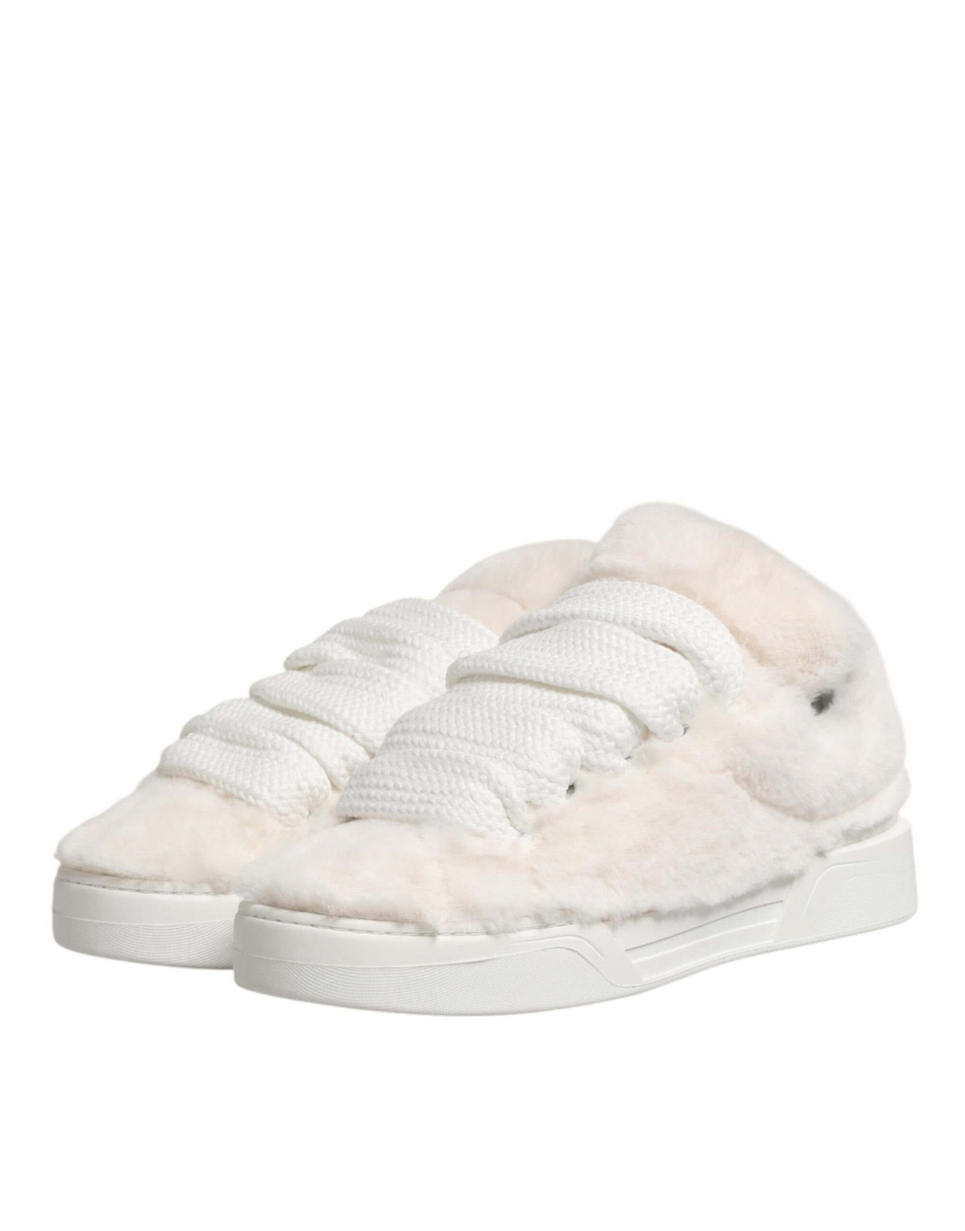 Dolce & Gabbana White Shearling Fur Bianco Low Top Sneakers Shoes Curated Luxury Accessories by Orvyn