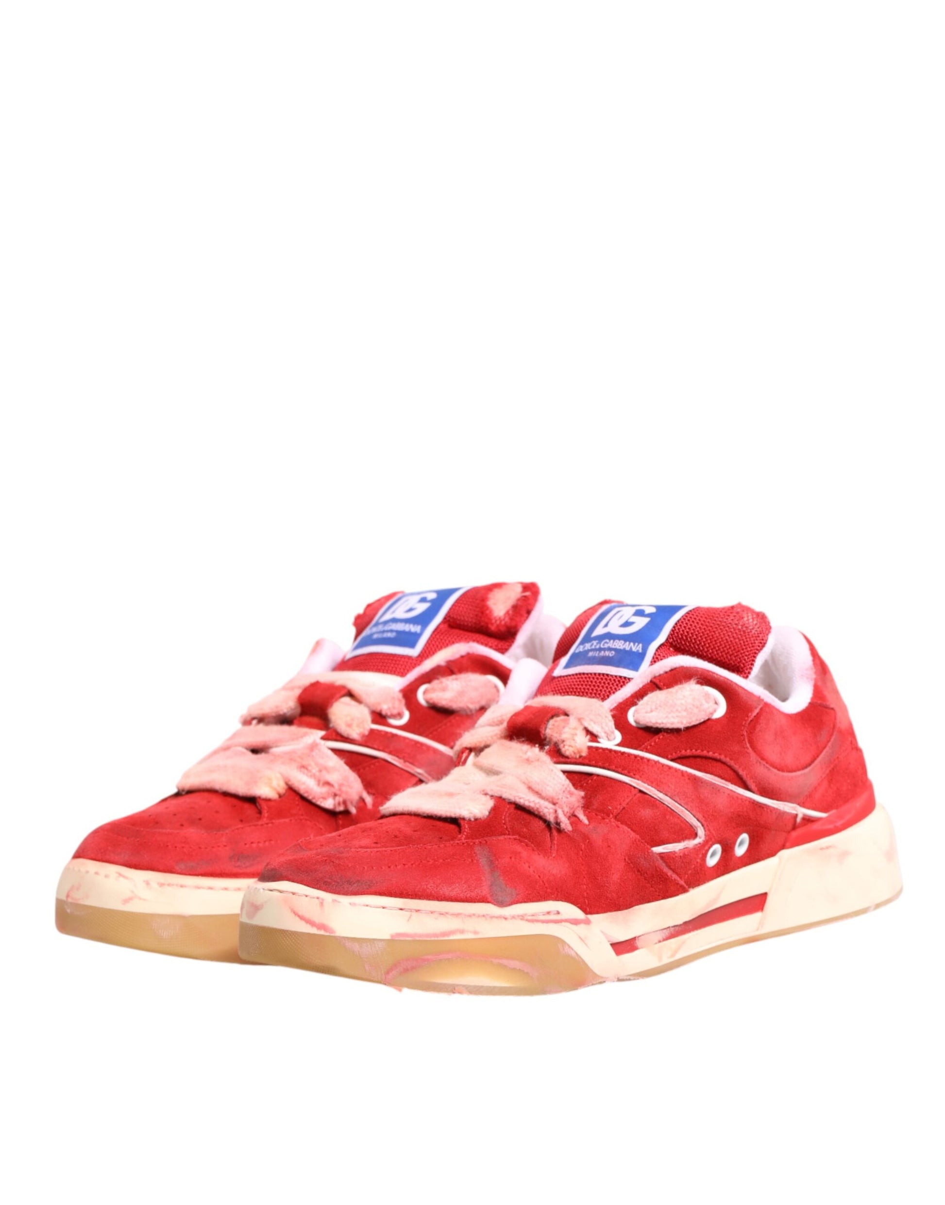 Dolce & Gabbana Red White Suede DG Logo Low Top Sneakers Shoes Curated Luxury Accessories by Orvyn