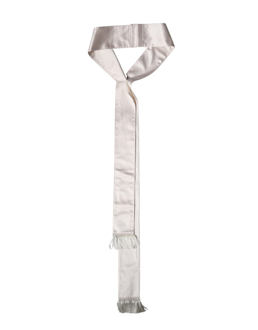 Dolce & Gabbana White Silk Satin Fringes Foulard 282cm x 10cm Men Scarf Curated Luxury Accessories by Orvyn