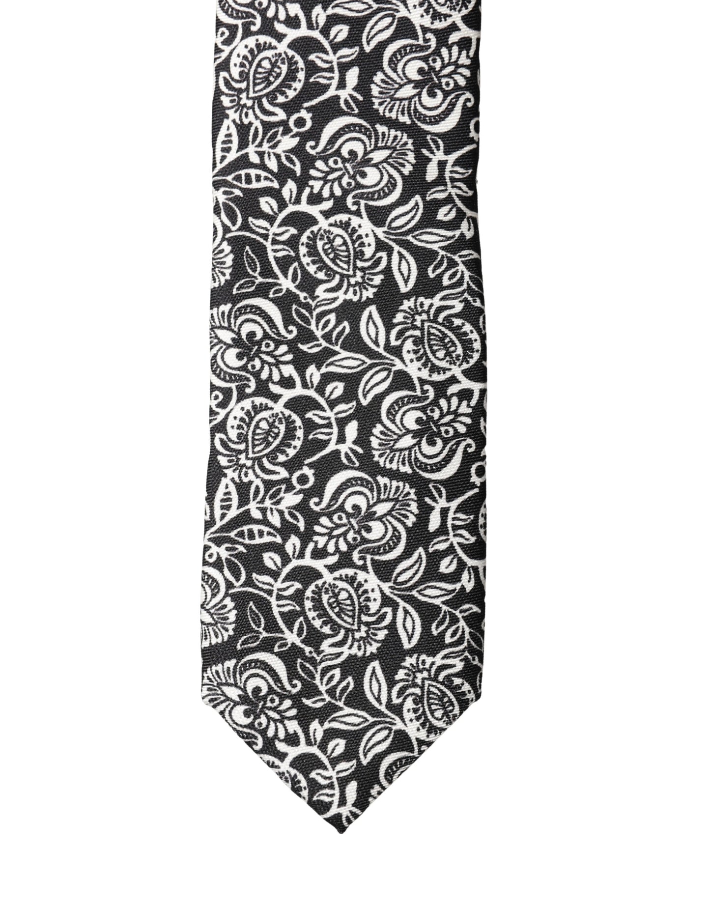 Dolce & Gabbana Black White Floral Fantasy Silk Adjustable Necktie Tie Curated Luxury Accessories by Orvyn
