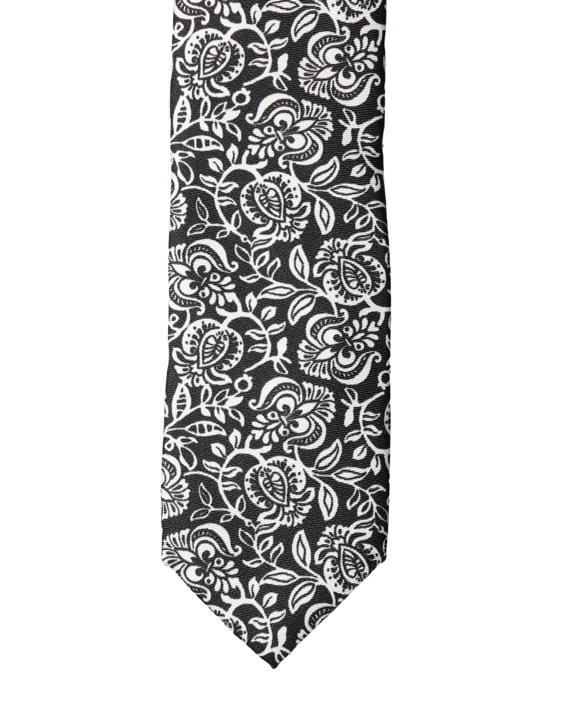 Dolce & Gabbana Black White Floral Fantasy Silk Adjustable Necktie Tie Curated Luxury Accessories by Orvyn