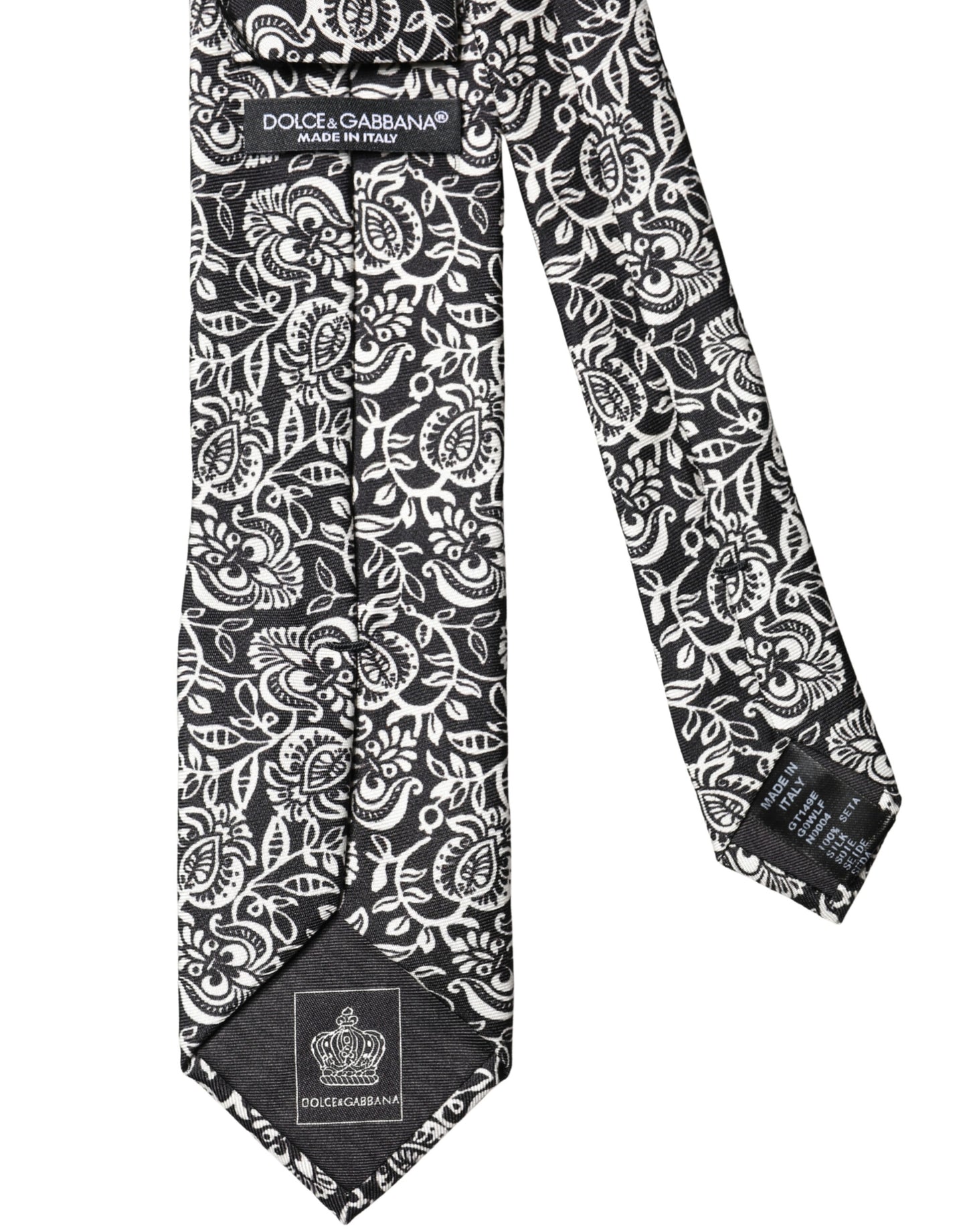 Dolce & Gabbana Black White Floral Fantasy Silk Adjustable Necktie Tie Curated Luxury Accessories by Orvyn