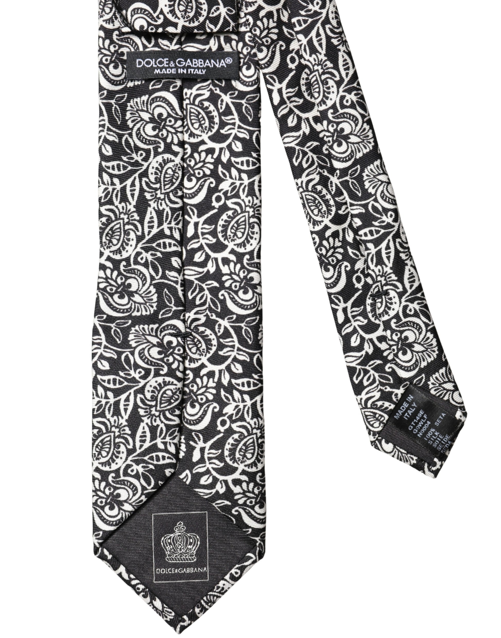 Dolce & Gabbana Black White Floral Fantasy Silk Adjustable Necktie Tie Curated Luxury Accessories by Orvyn