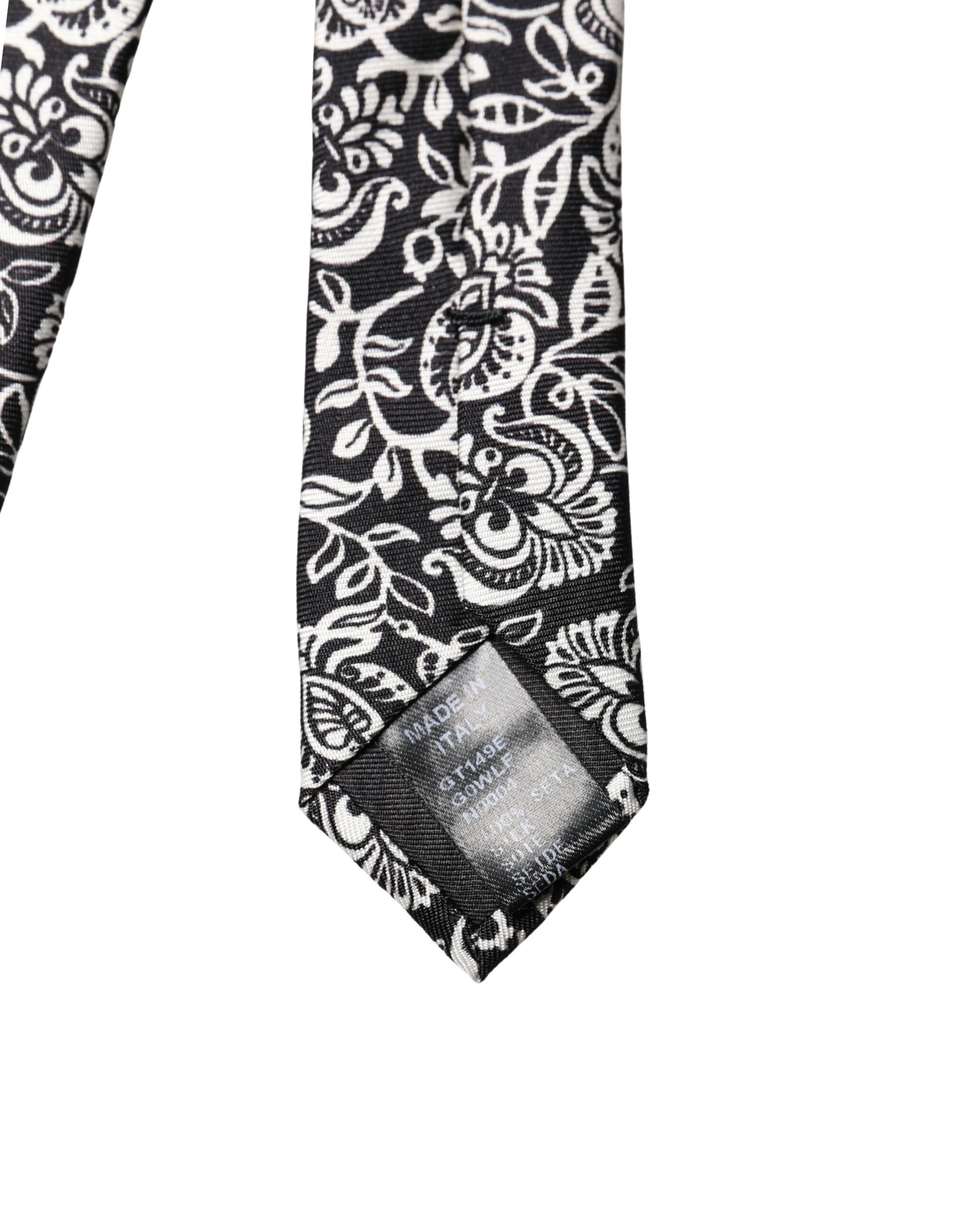 Dolce & Gabbana Black White Floral Fantasy Silk Adjustable Necktie Tie Curated Luxury Accessories by Orvyn