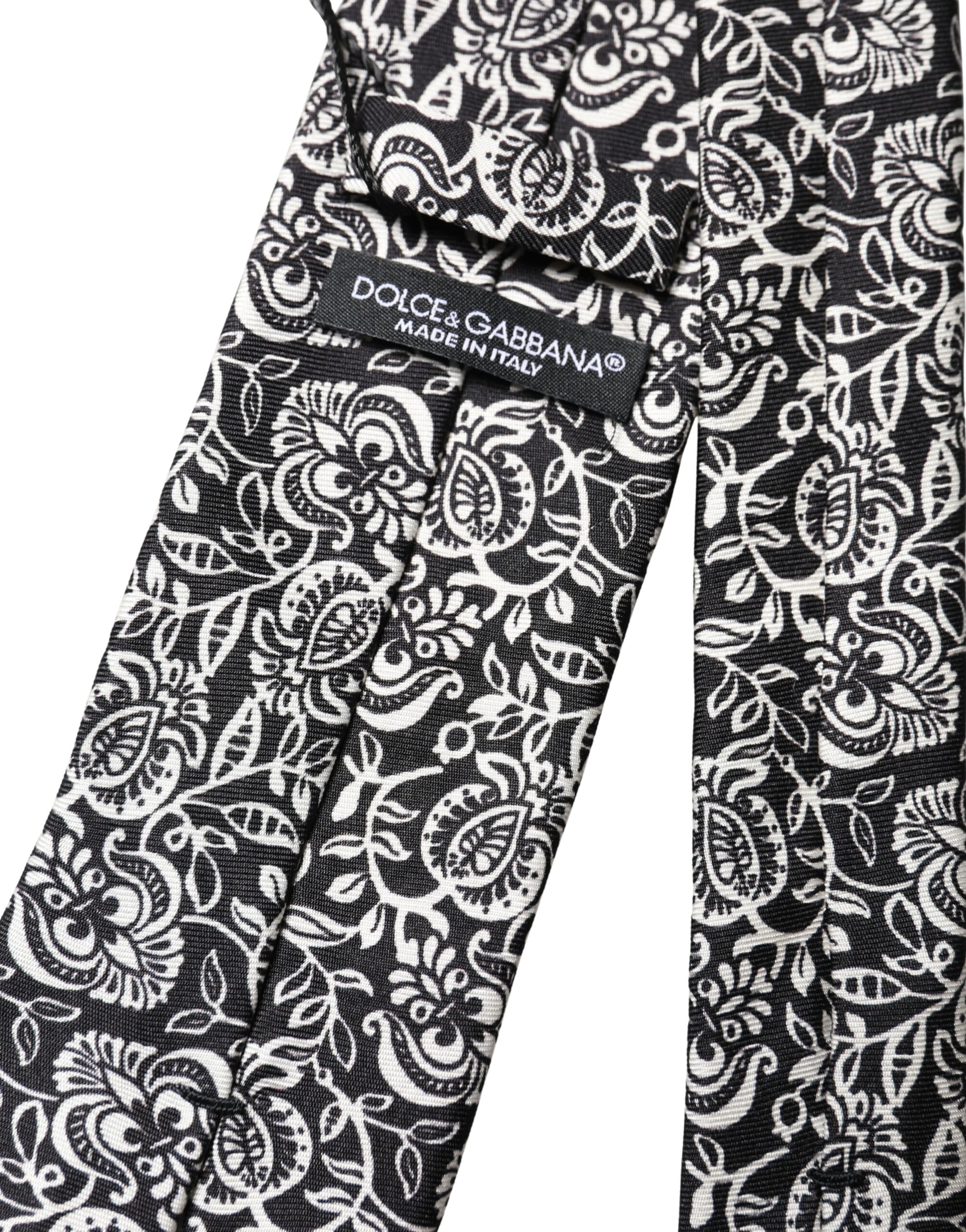 Dolce & Gabbana Black White Floral Fantasy Silk Adjustable Necktie Tie Curated Luxury Accessories by Orvyn