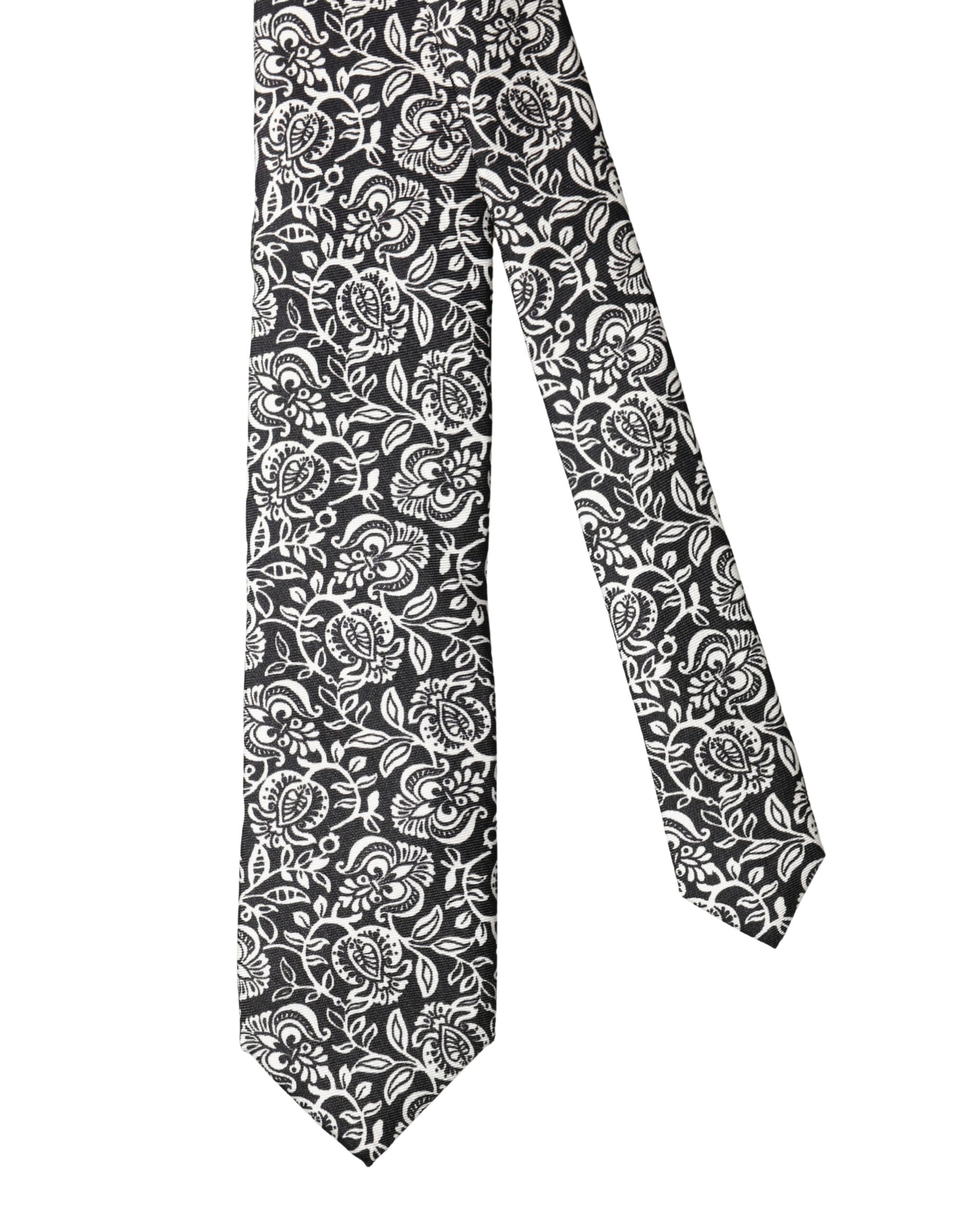 Dolce & Gabbana Black White Floral Fantasy Silk Adjustable Necktie Tie Curated Luxury Accessories by Orvyn