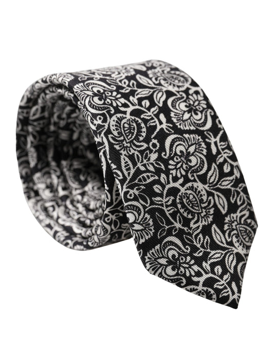 Dolce & Gabbana Black White Floral Fantasy Silk Adjustable Necktie Tie Curated Luxury Accessories by Orvyn