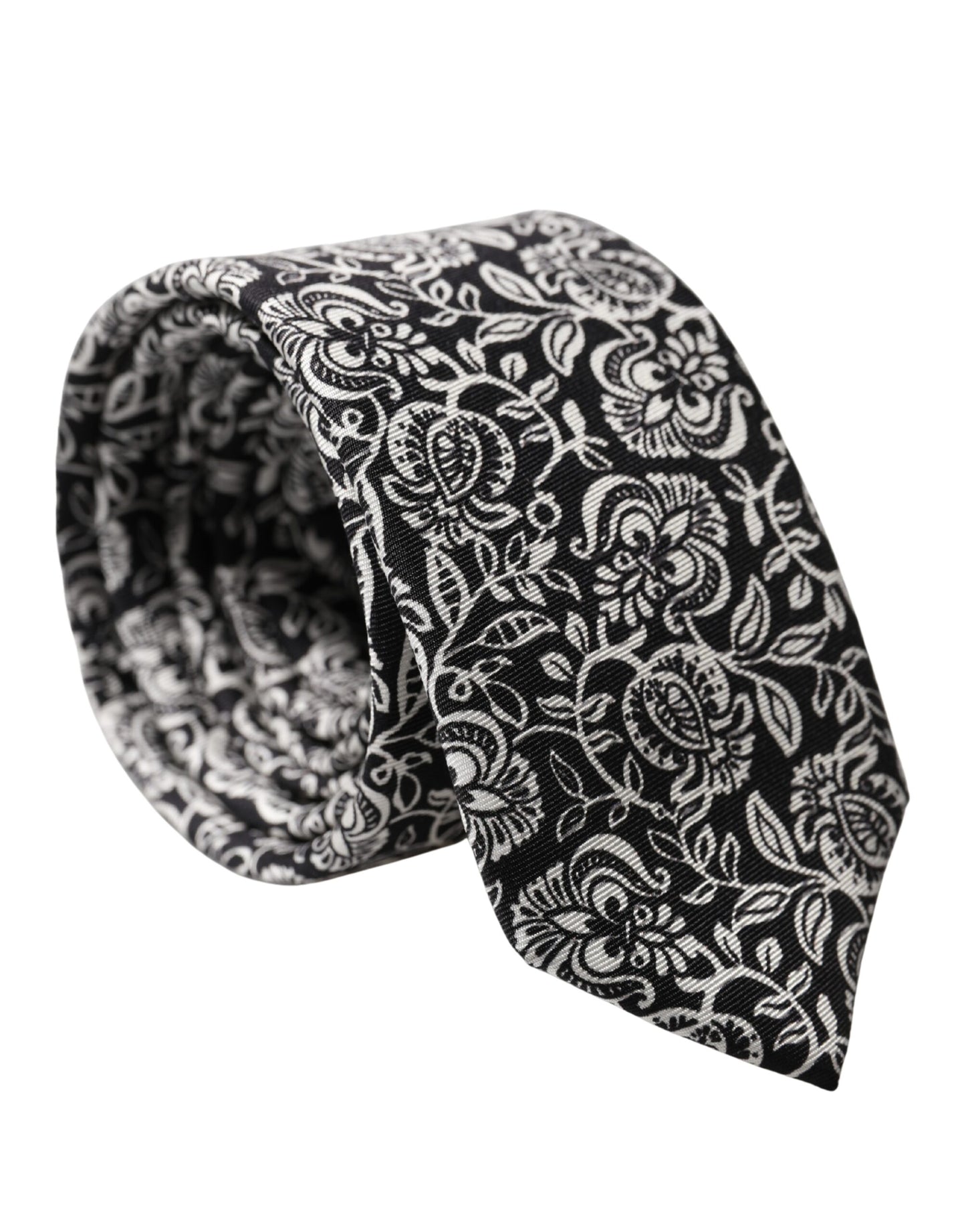 Dolce & Gabbana Black White Floral Fantasy Silk Adjustable Necktie Tie Curated Luxury Accessories by Orvyn