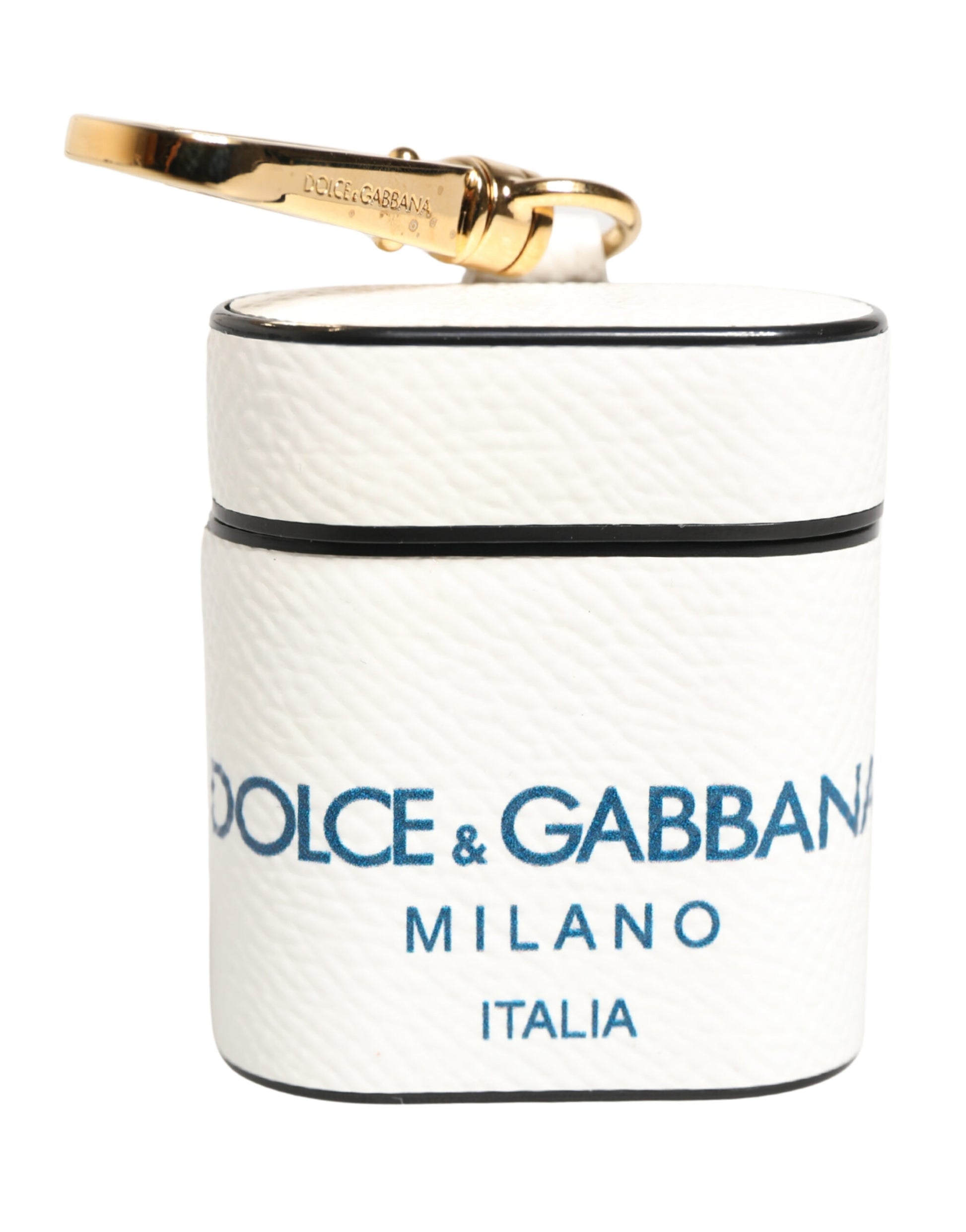 Dolce & Gabbana White Calf Leather Logo Flip Holder Strap Airpods Case Curated Luxury Accessories by Orvyn