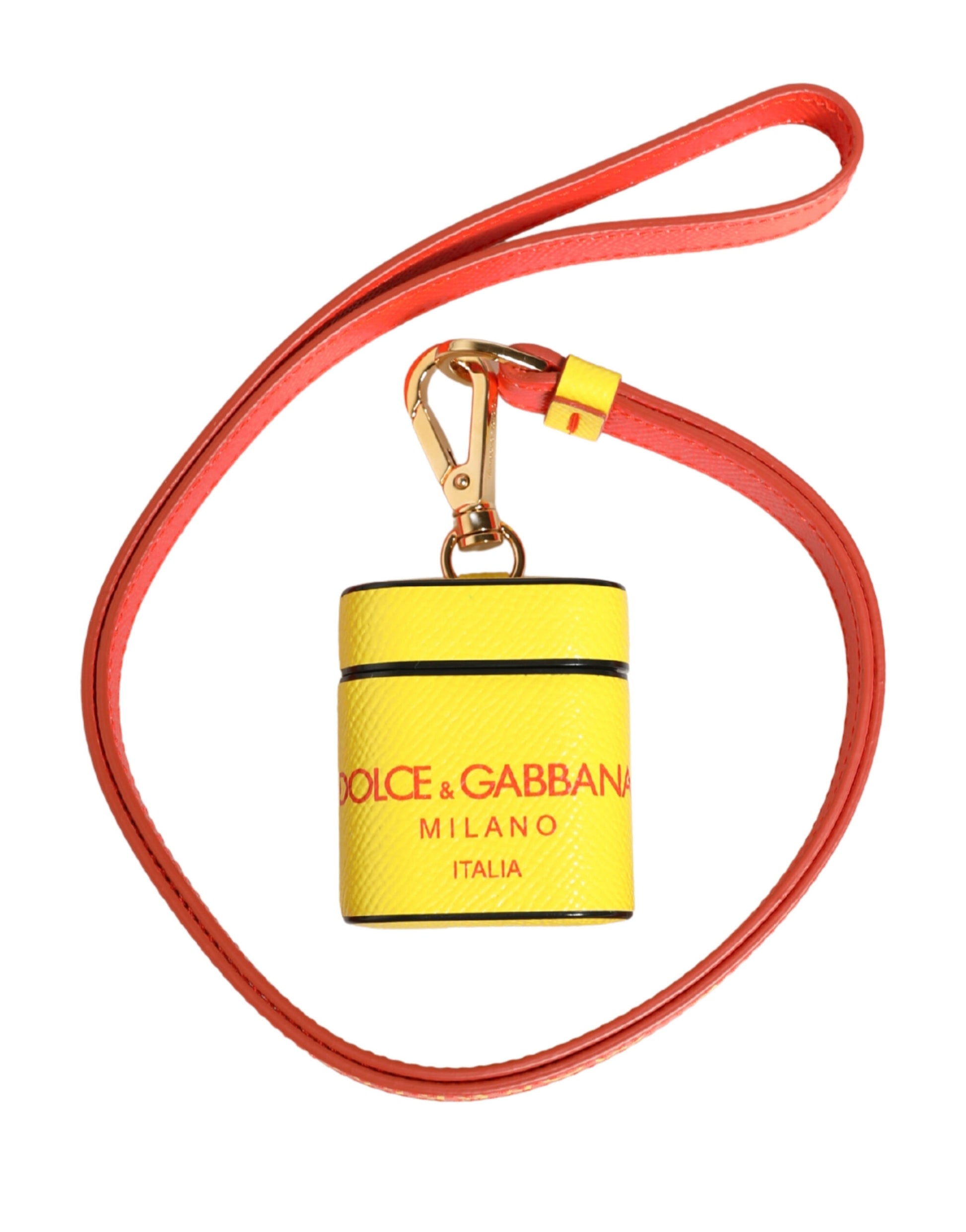 Dolce & Gabbana Yellow Calf Leather Logo Flip Holder Strap Airpods Case Curated Luxury Accessories by Orvyn